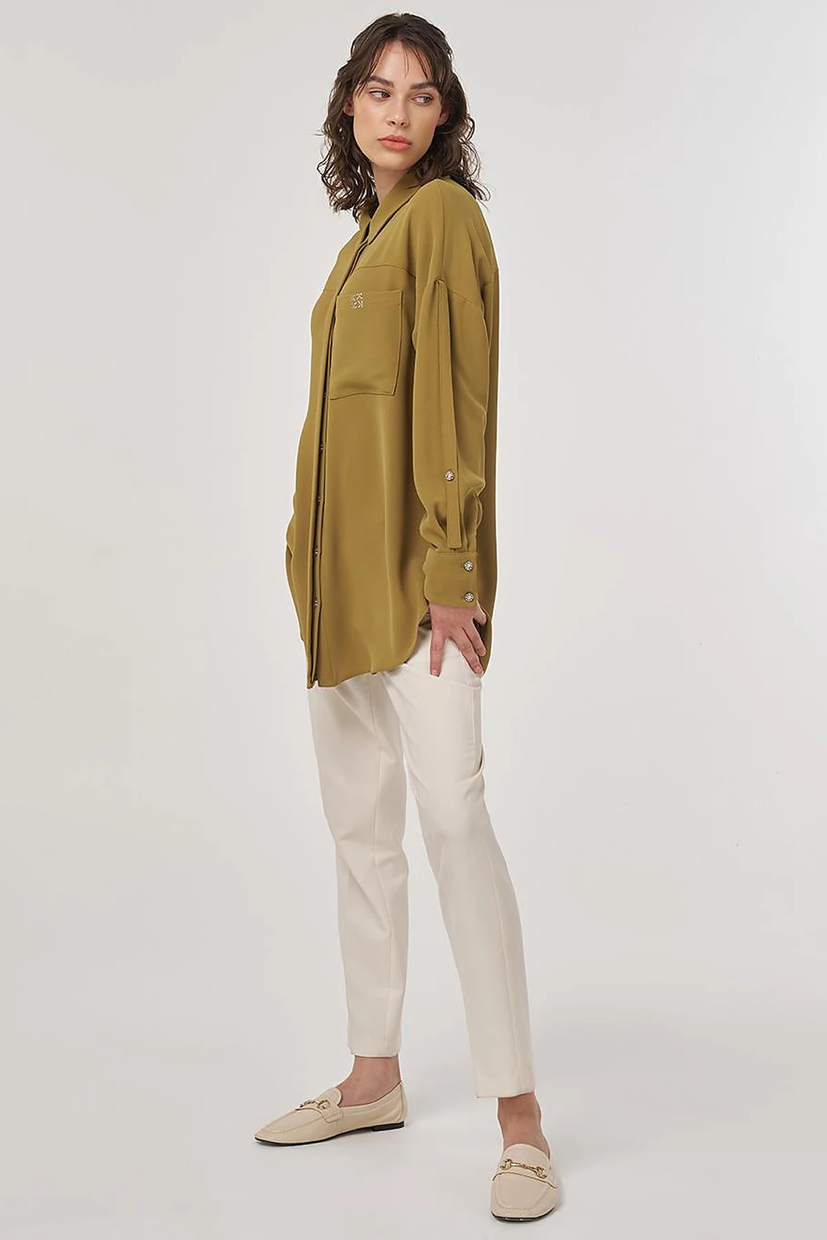 Metallic Printed Crepe Tunic Khaki