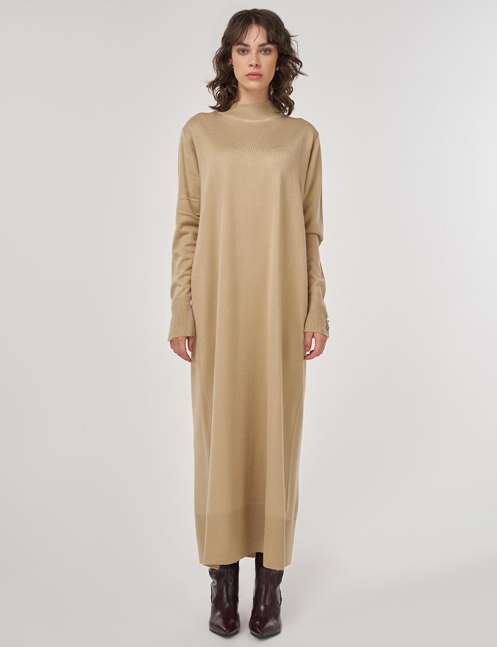 Half Turtleneck Knit Dress in Stone
