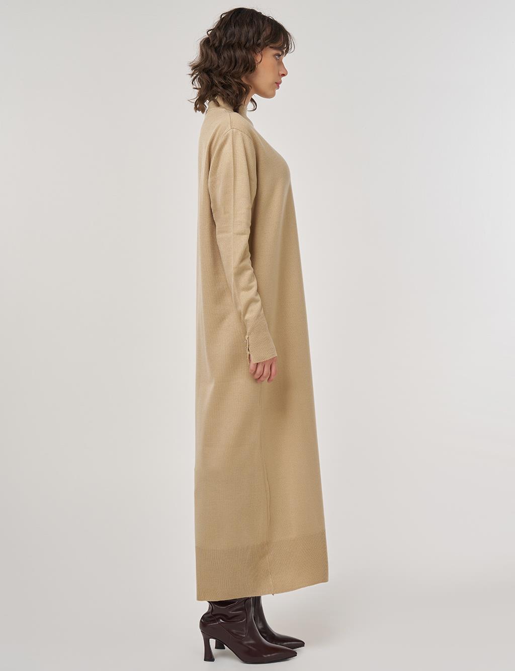 Half Turtleneck Knit Dress in Stone