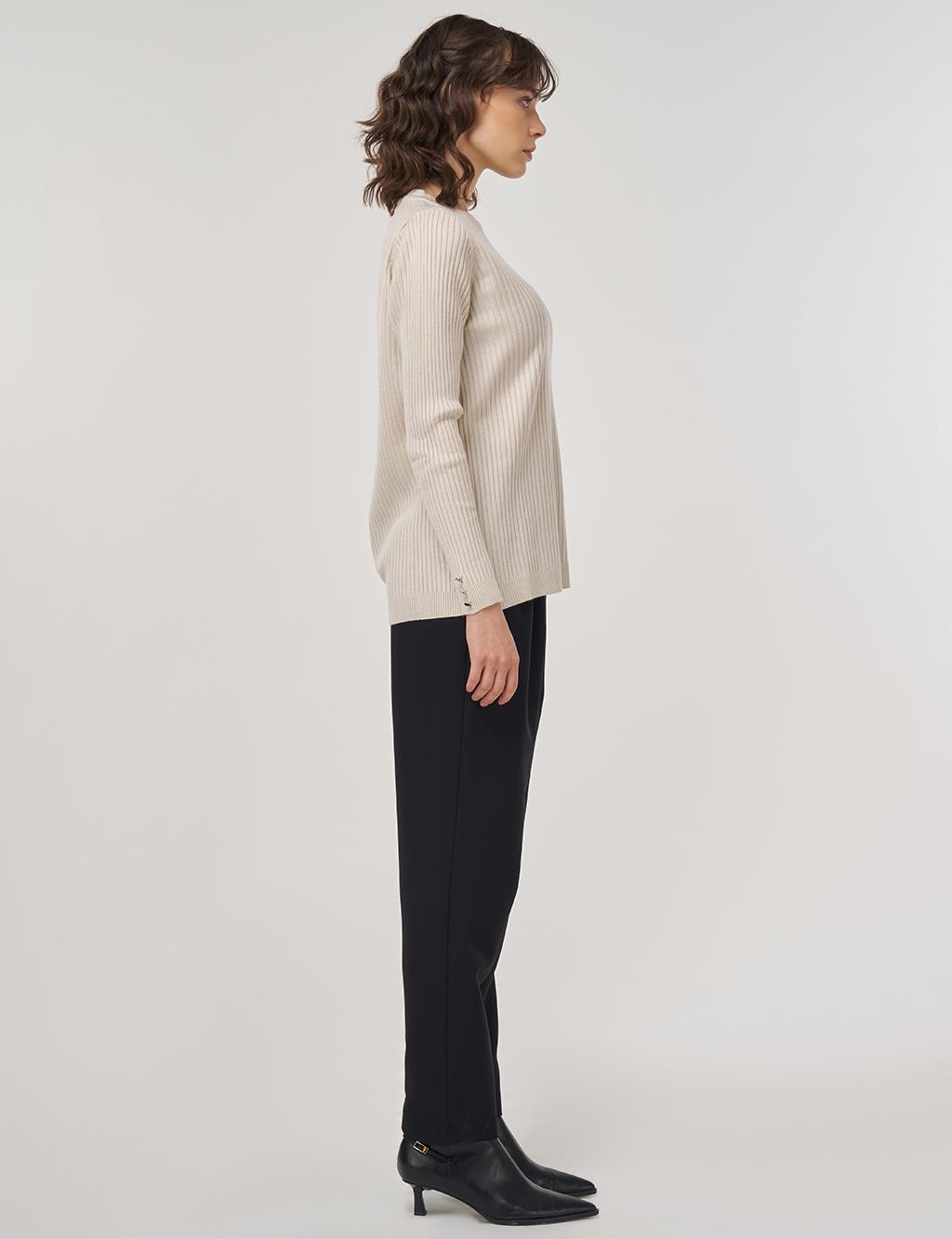 Crew-Neck Ribbed Knit Sweater in Ecru