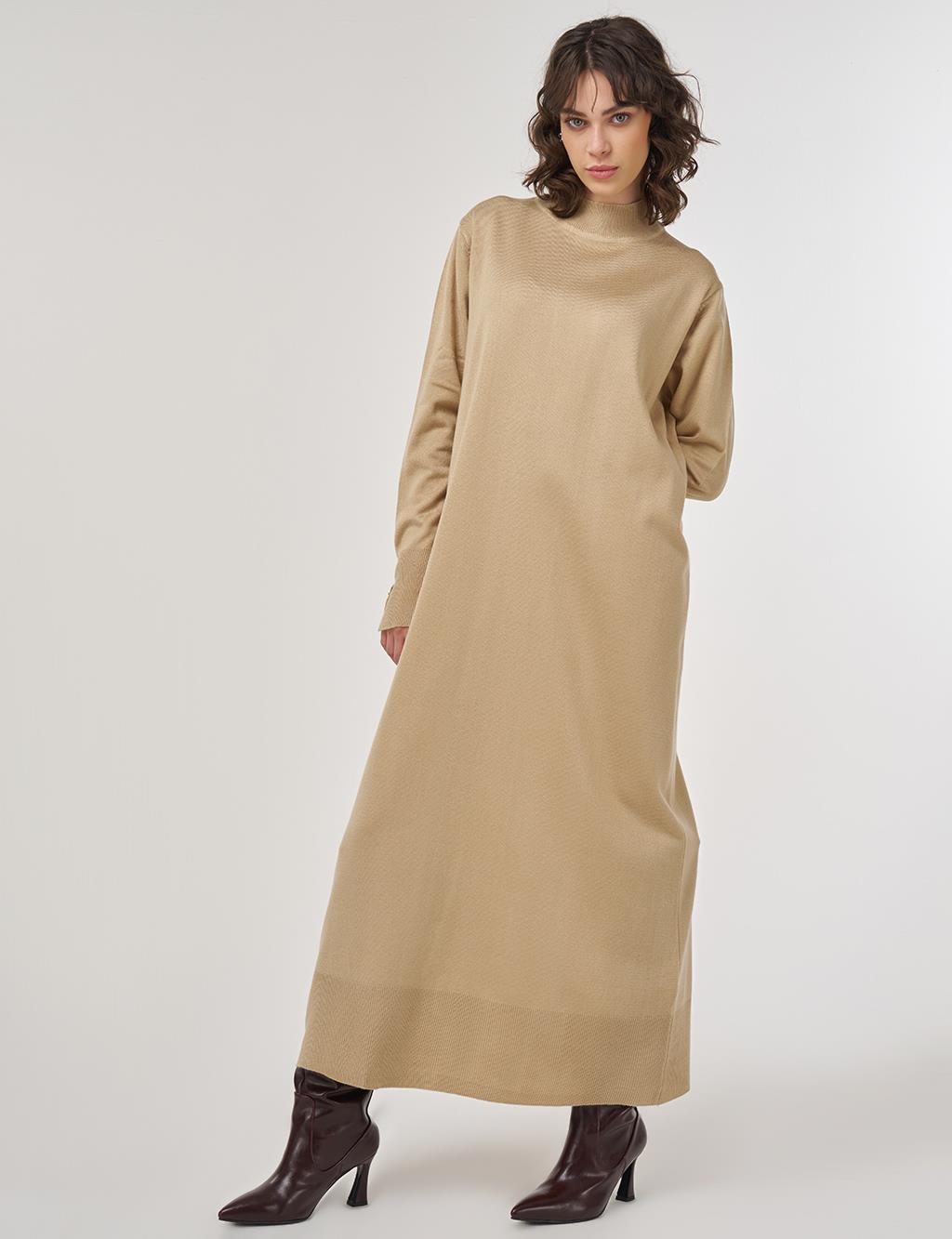 Half Turtleneck Knit Dress in Stone