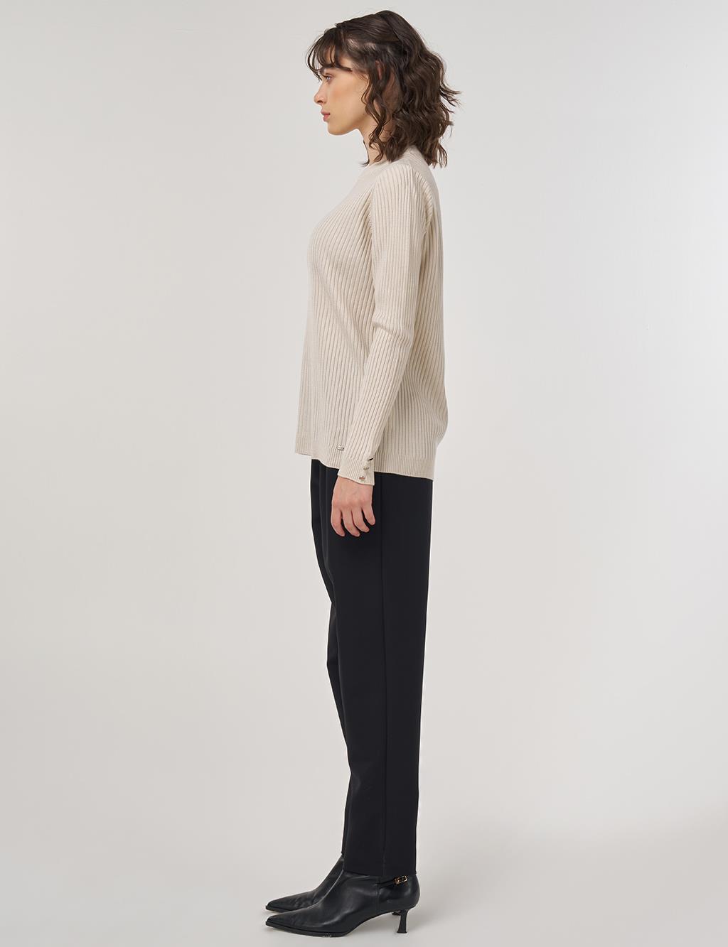Crew-Neck Ribbed Knit Sweater in Ecru