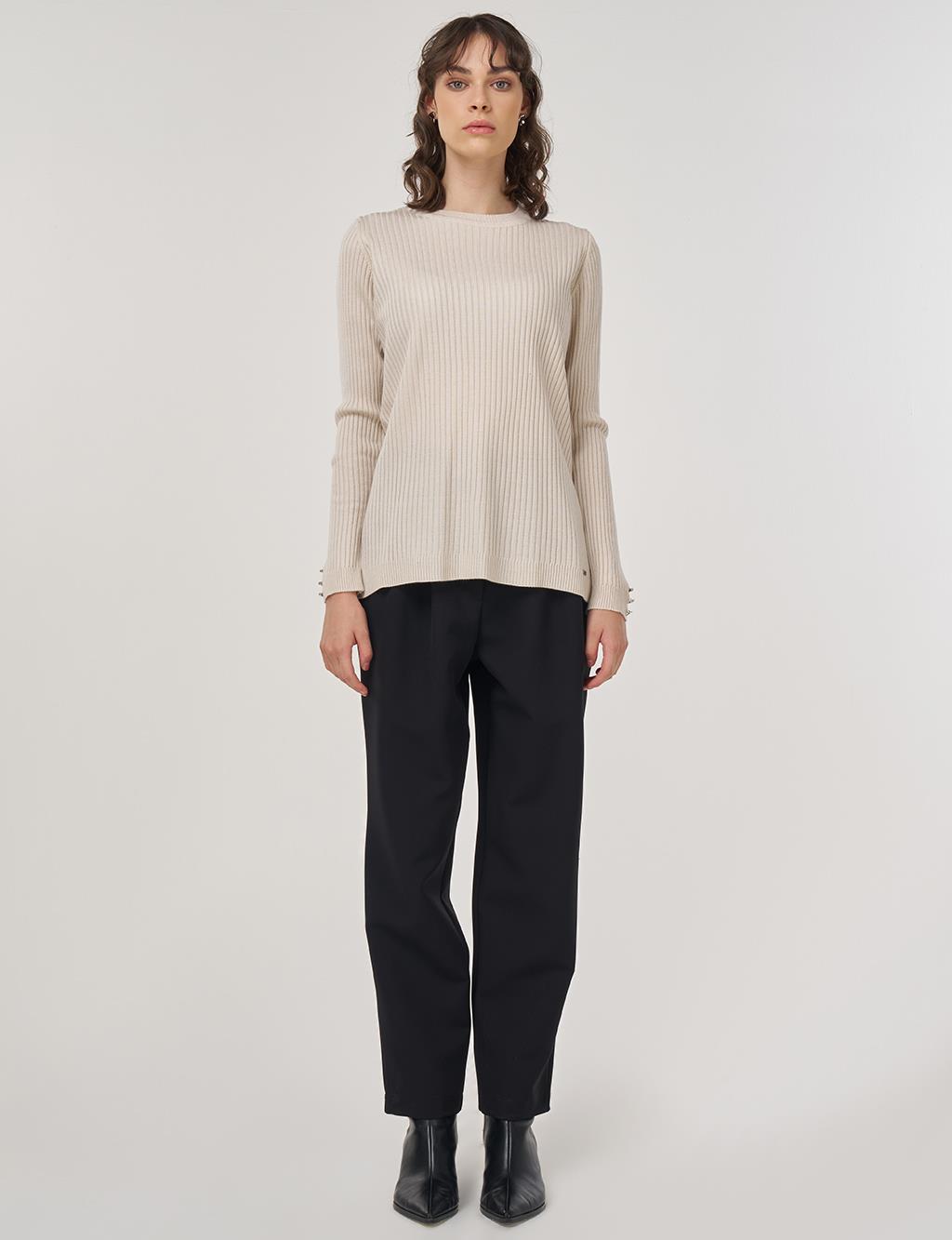 Crew-Neck Ribbed Knit Sweater in Ecru