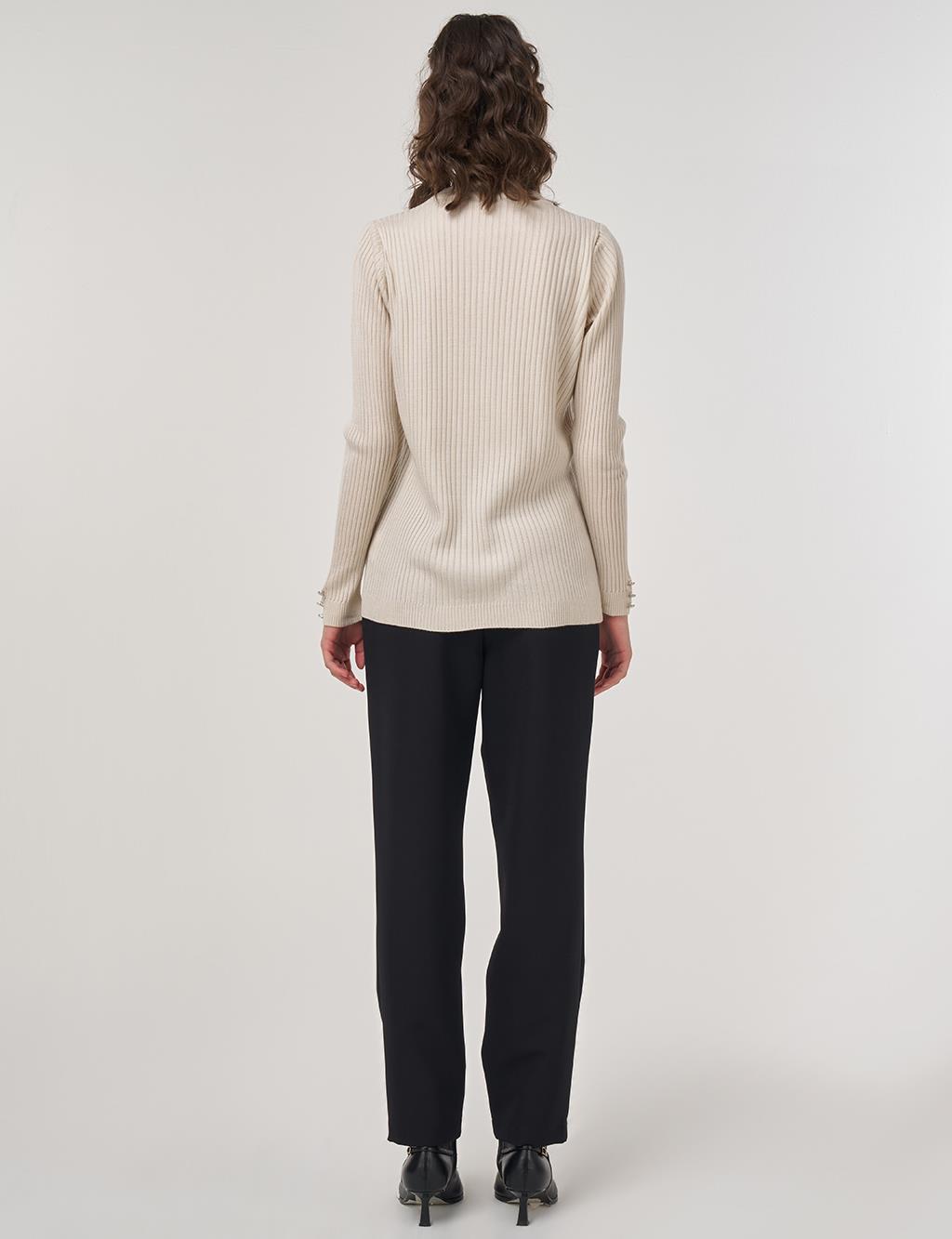 Crew-Neck Ribbed Knit Sweater in Ecru