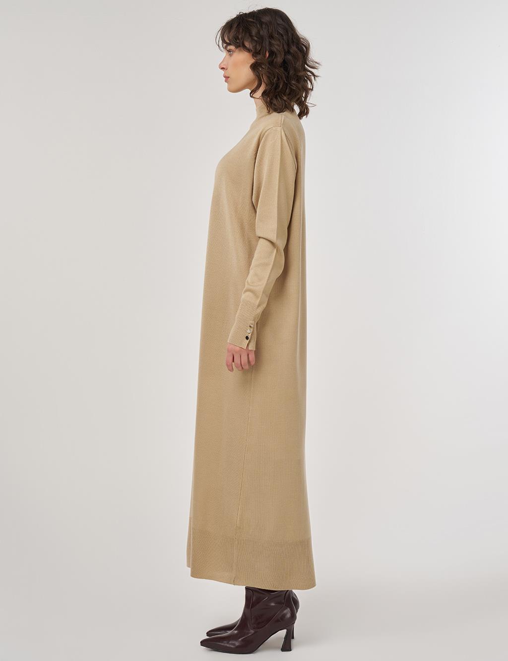 Half Turtleneck Knit Dress in Stone