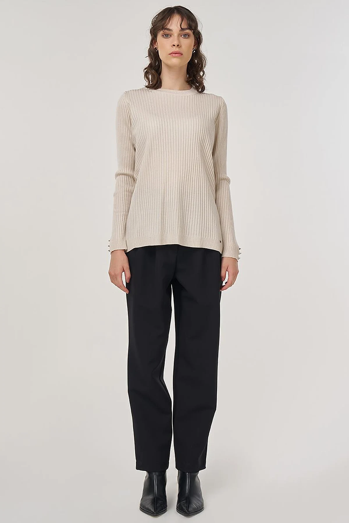 Crew-Neck Ribbed Knit Sweater in Ecru