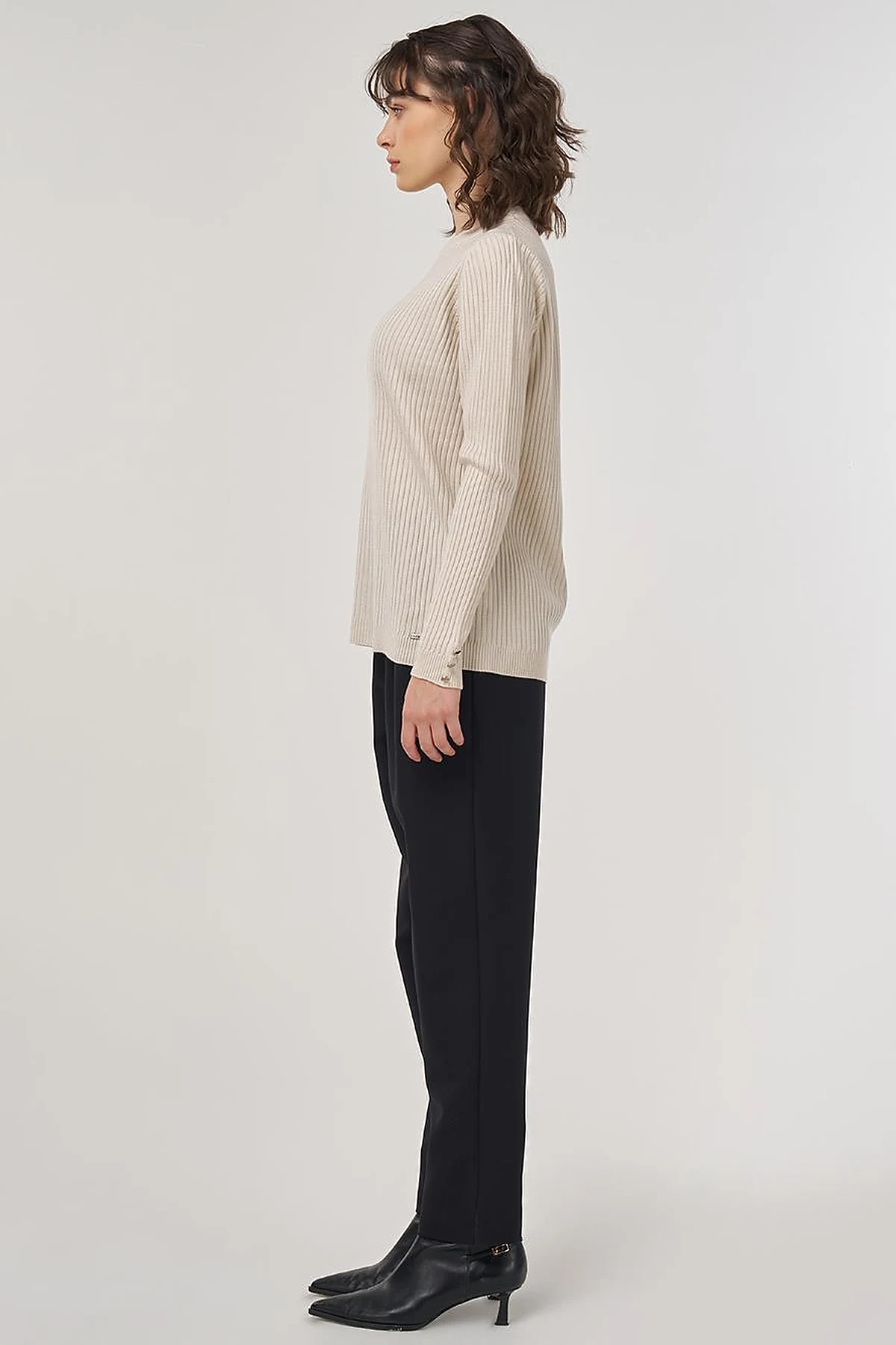 Crew-Neck Ribbed Knit Sweater in Ecru