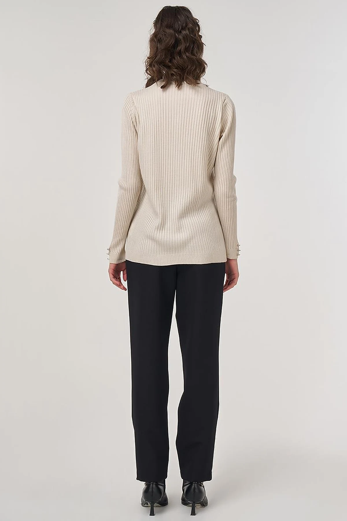 Crew-Neck Ribbed Knit Sweater in Ecru