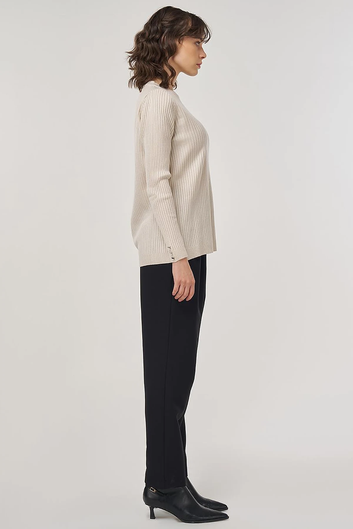 Crew-Neck Ribbed Knit Sweater in Ecru