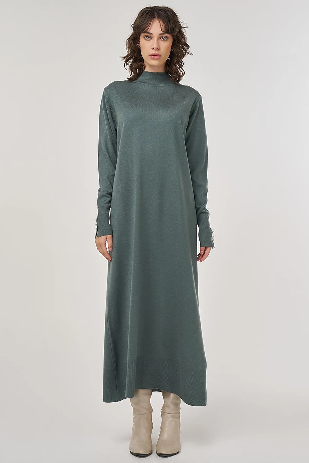 Half Turtleneck Knit Dress in Mold Green