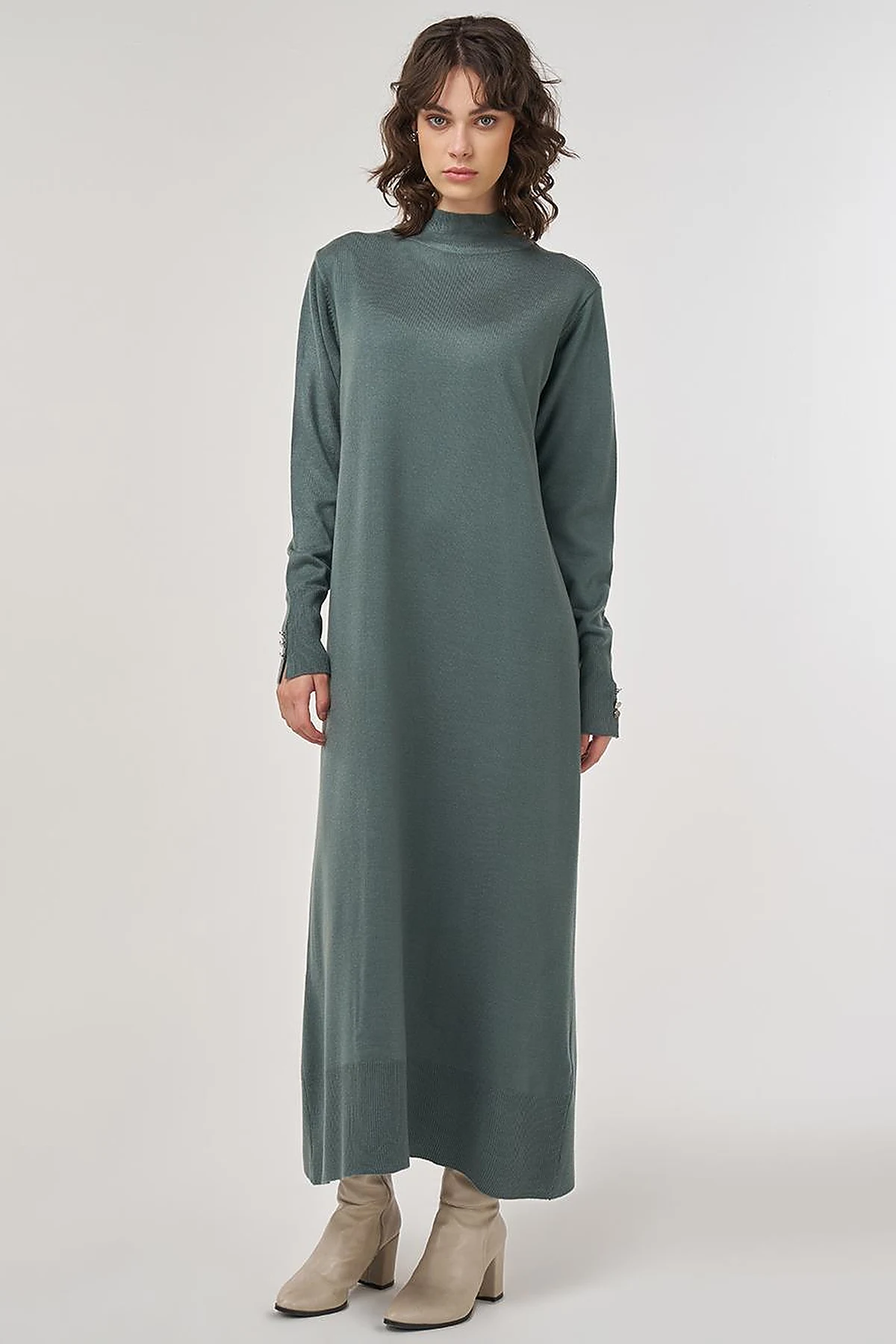 Half Turtleneck Knit Dress in Mold Green
