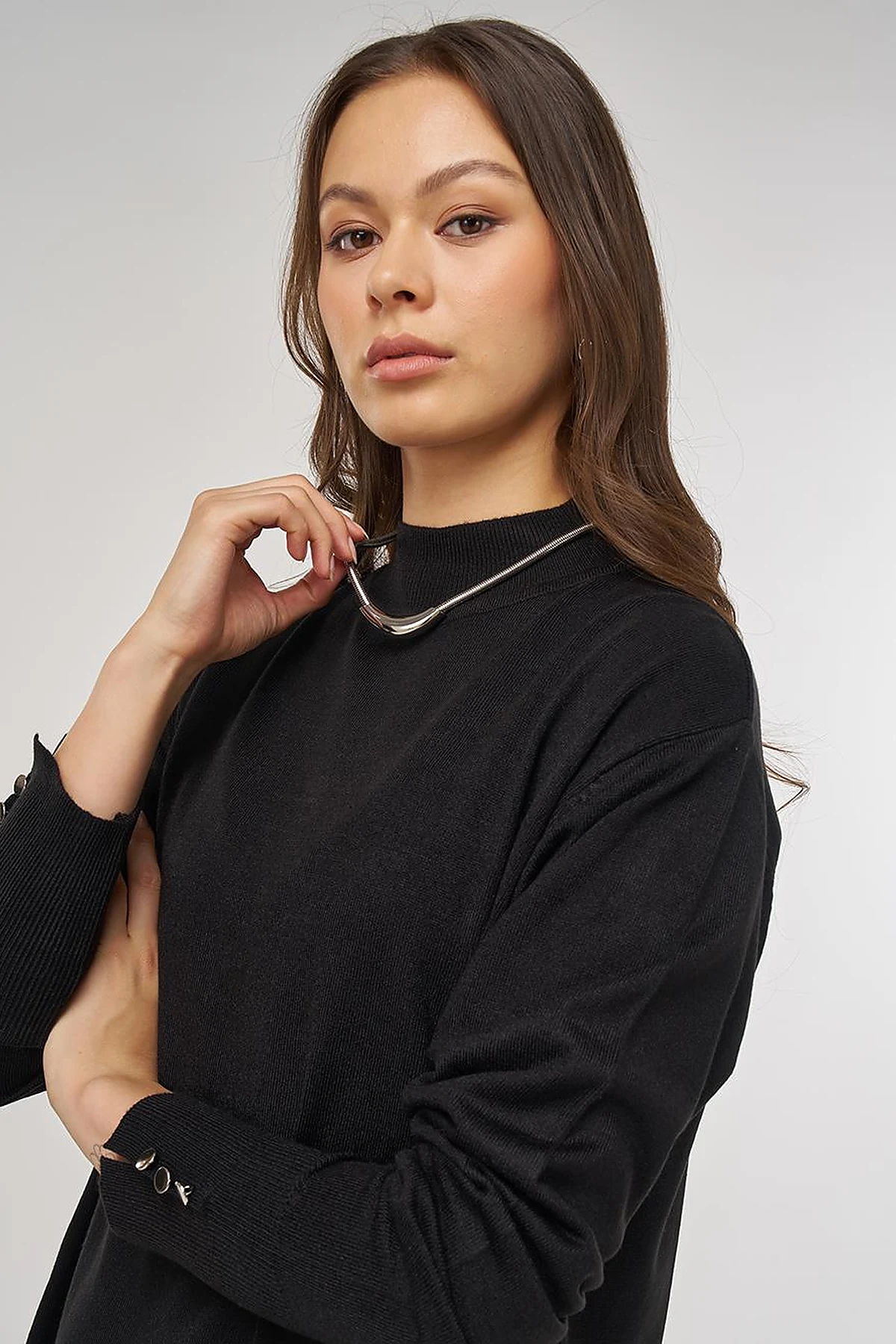 Half Turtleneck Knit Dress in Plain Black