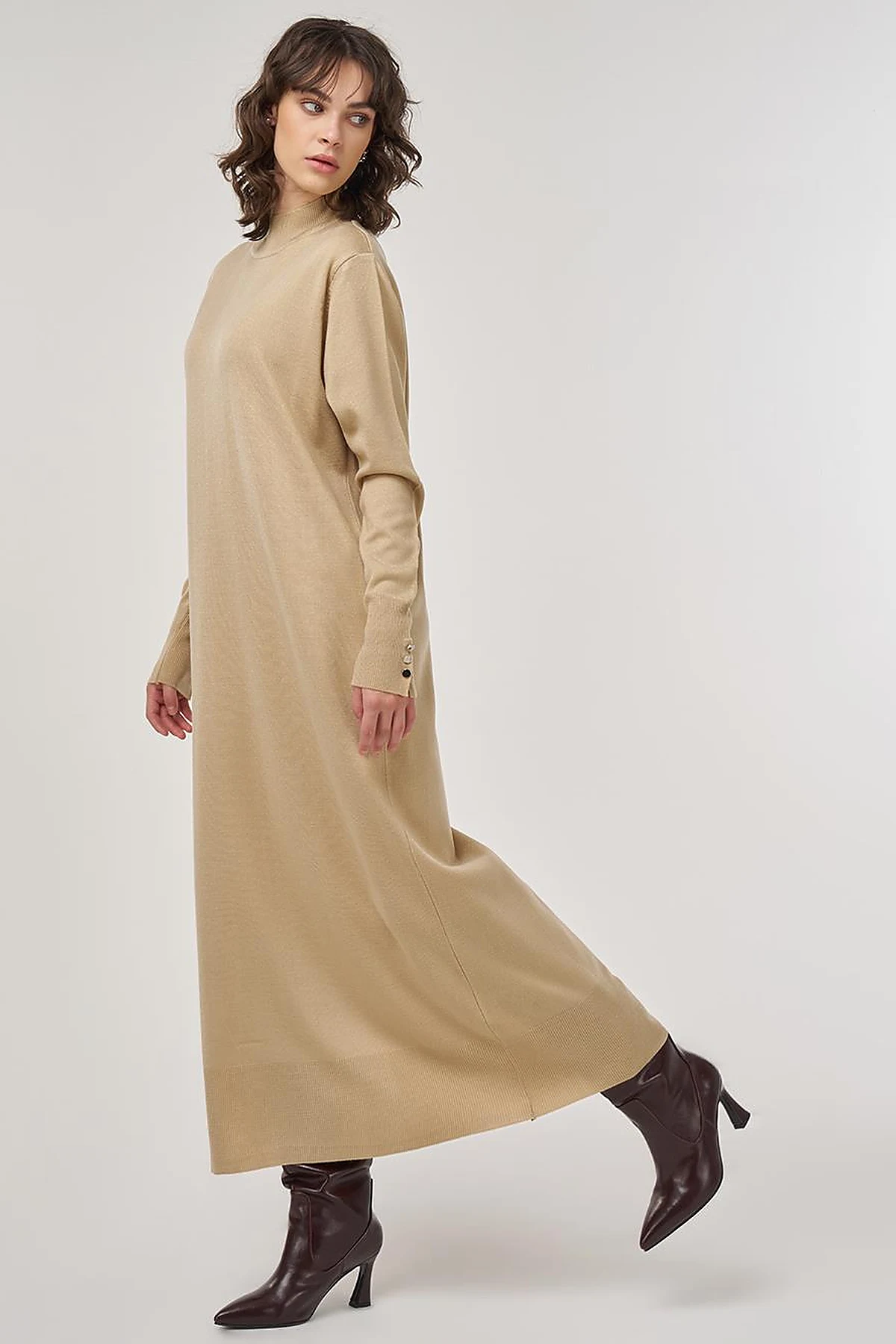 Half Turtleneck Knit Dress in Stone