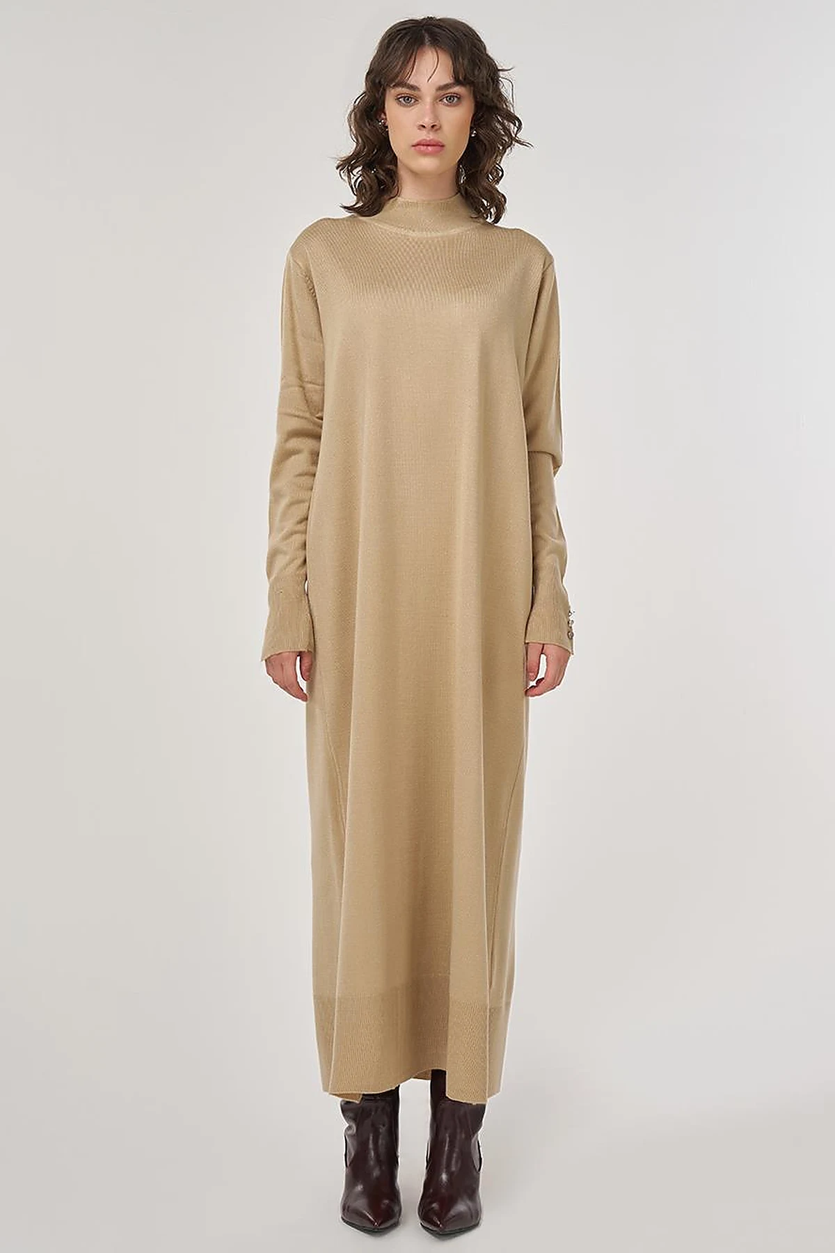 Half Turtleneck Knit Dress in Stone