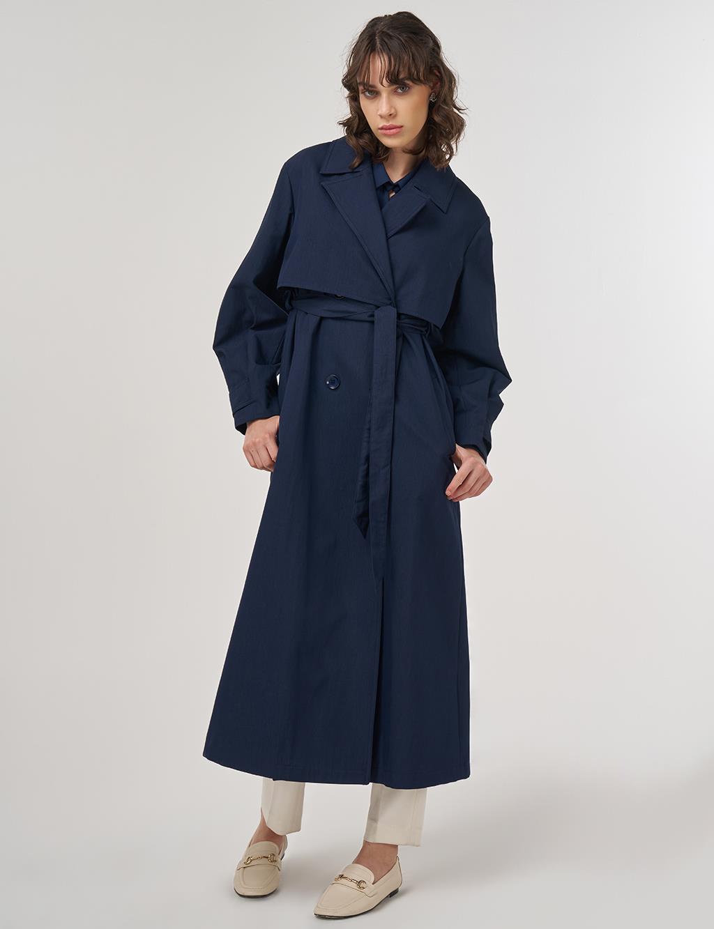 Long Belted Trench Coat in Dark Navy