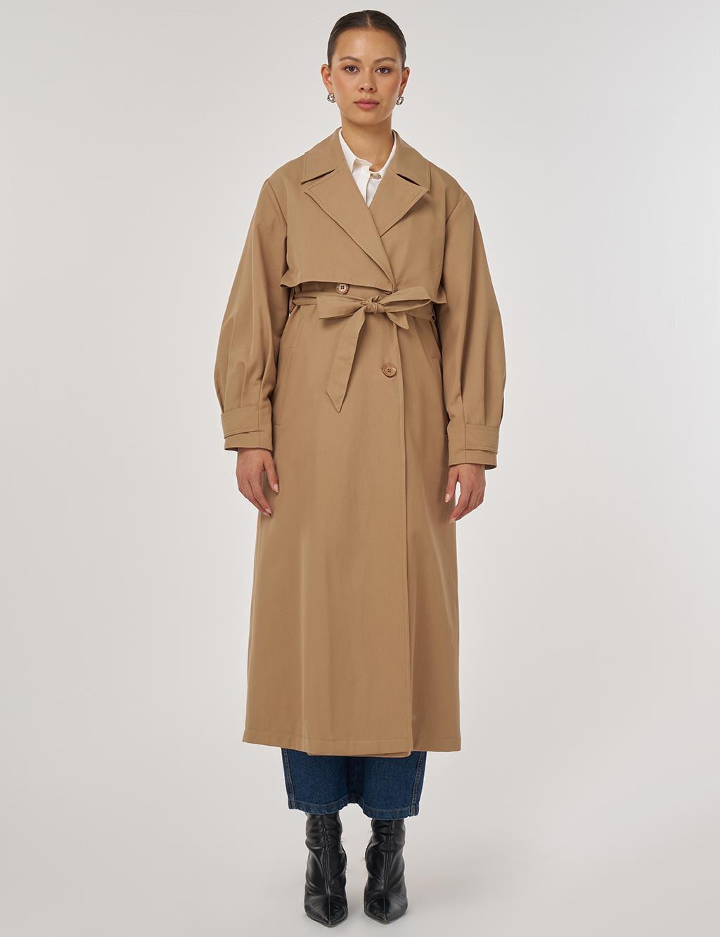 Long Belted Trench Coat in Beige