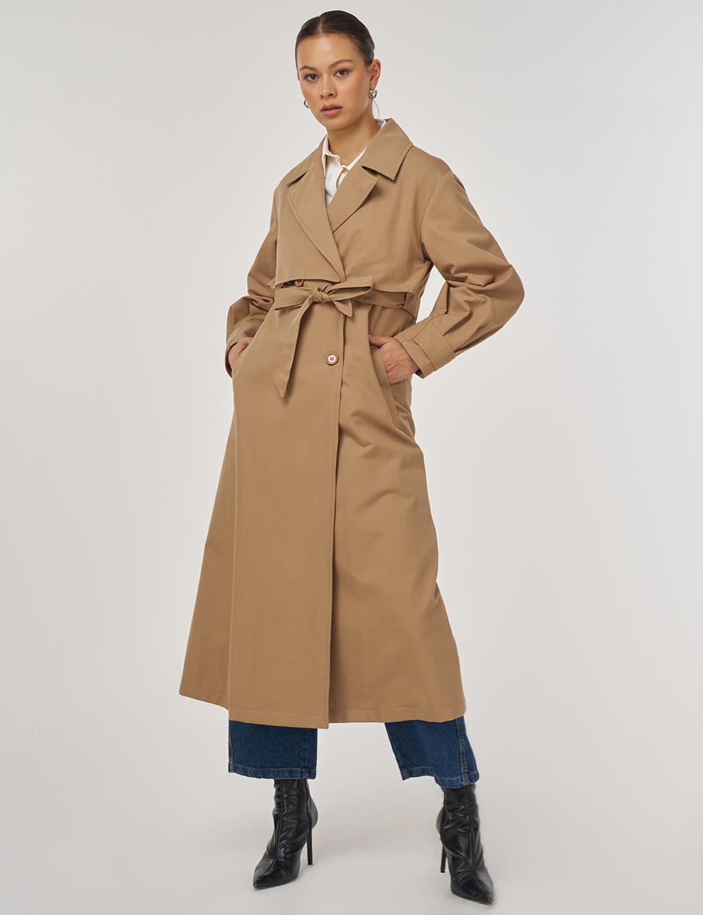 Long Belted Trench Coat in Beige