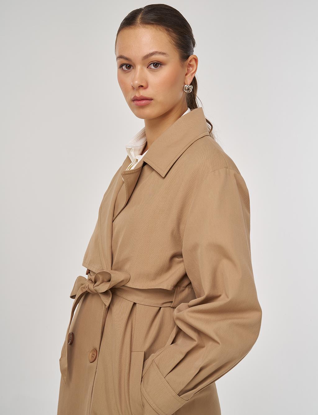 Long Belted Trench Coat in Beige