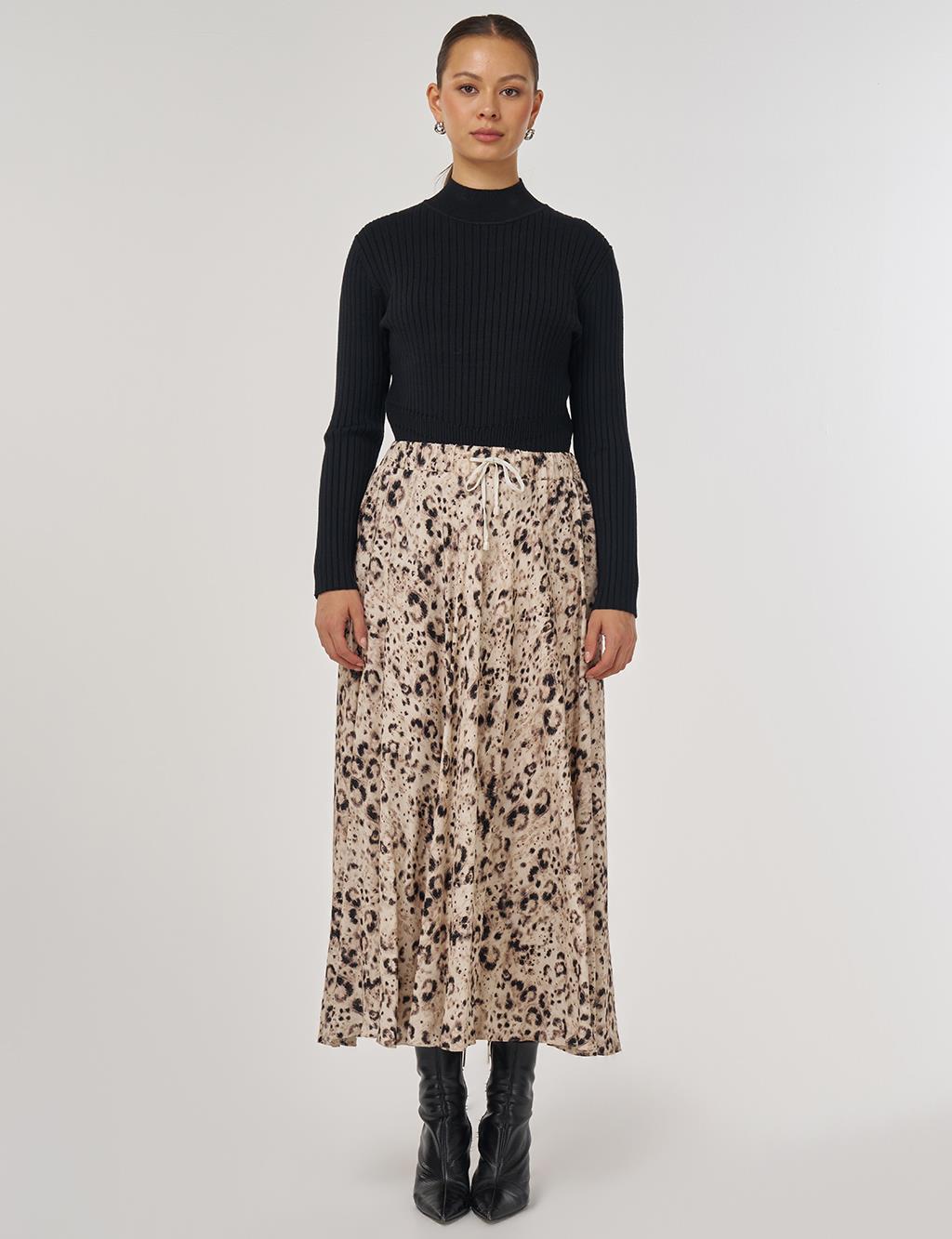 Leopar Desenli Piliseli Etek Krem