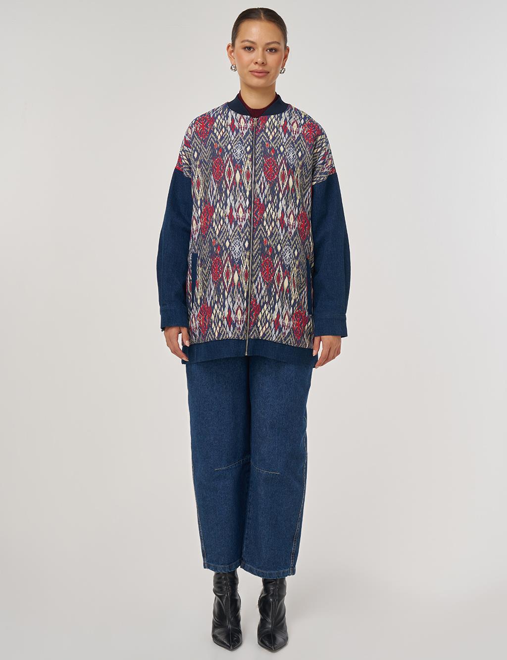 Collar Jacquard Jacket in Navy Blue