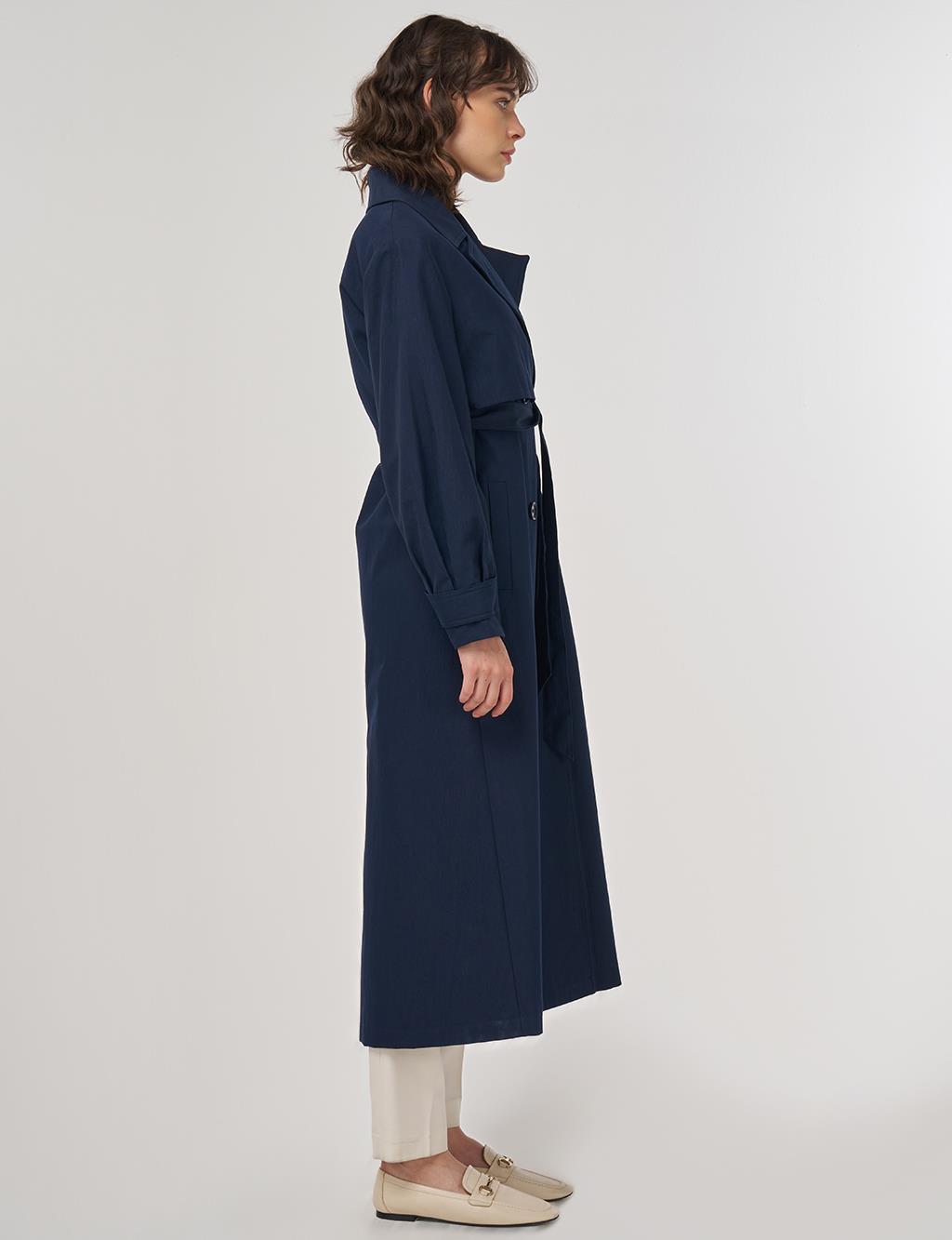Long Belted Trench Coat in Dark Navy