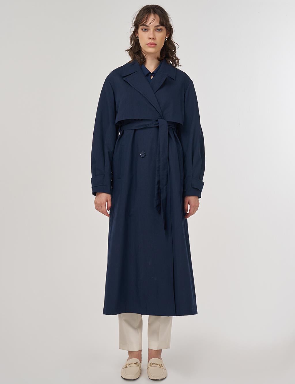 Long Belted Trench Coat in Dark Navy
