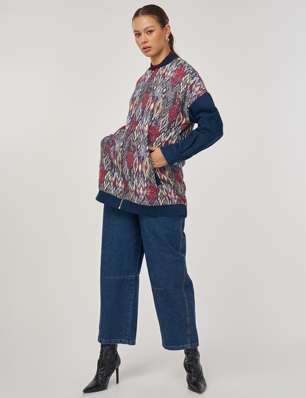 Collar Jacquard Jacket in Navy Blue