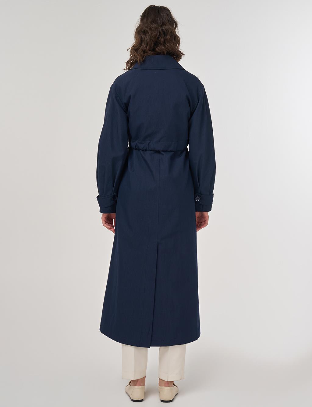 Long Belted Trench Coat in Dark Navy