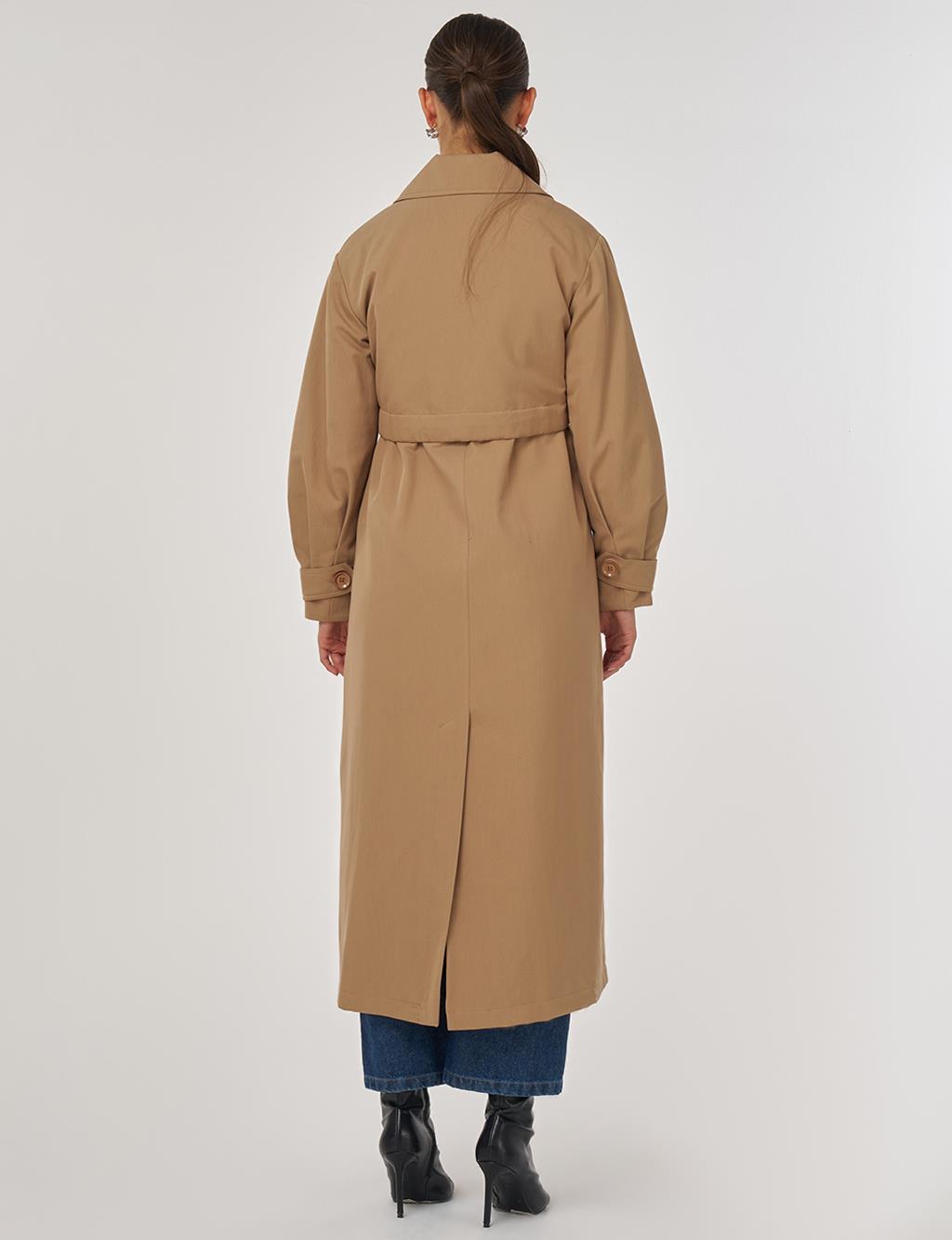 Long Belted Trench Coat in Beige