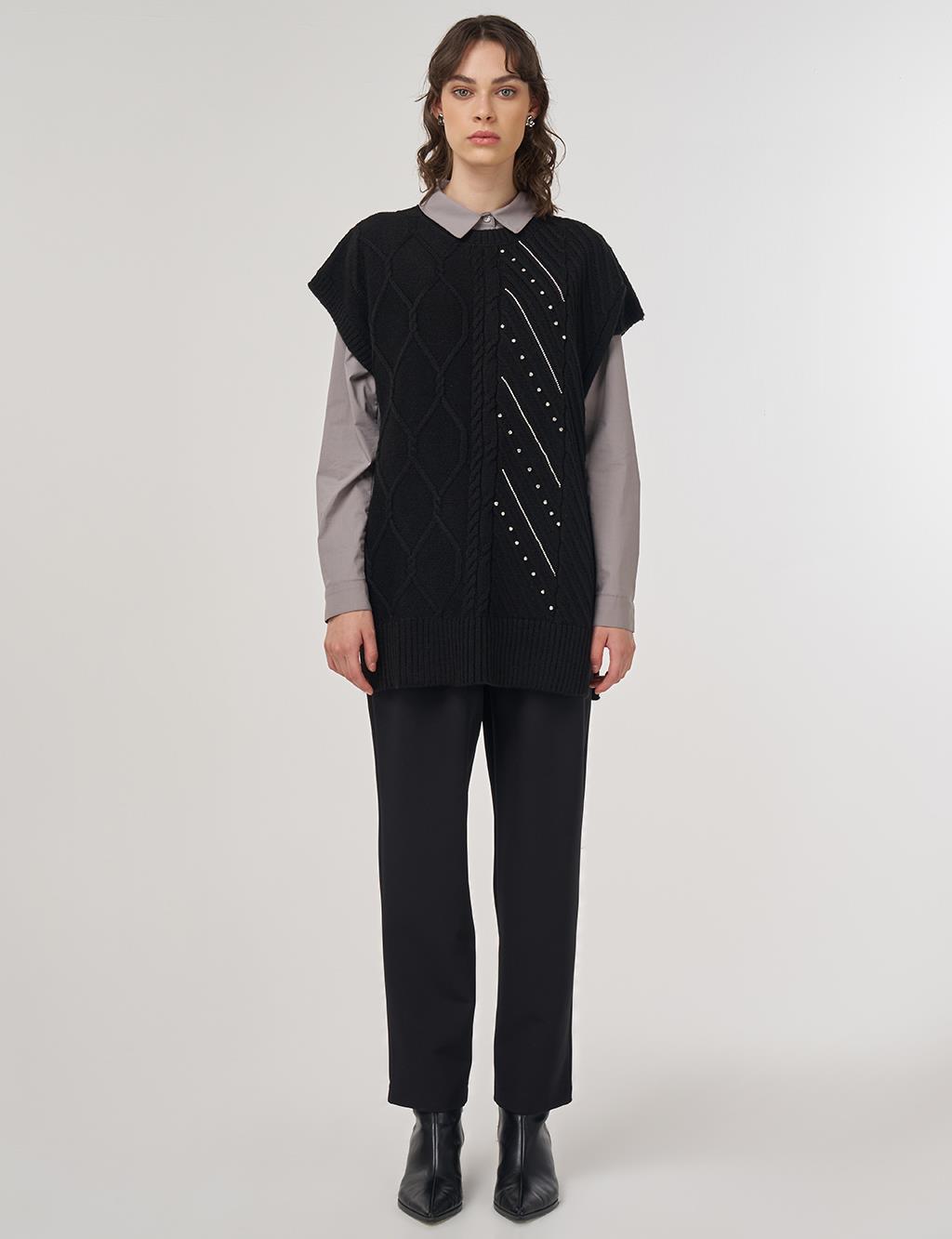 Embroidered Knit Sweater Vest Black
