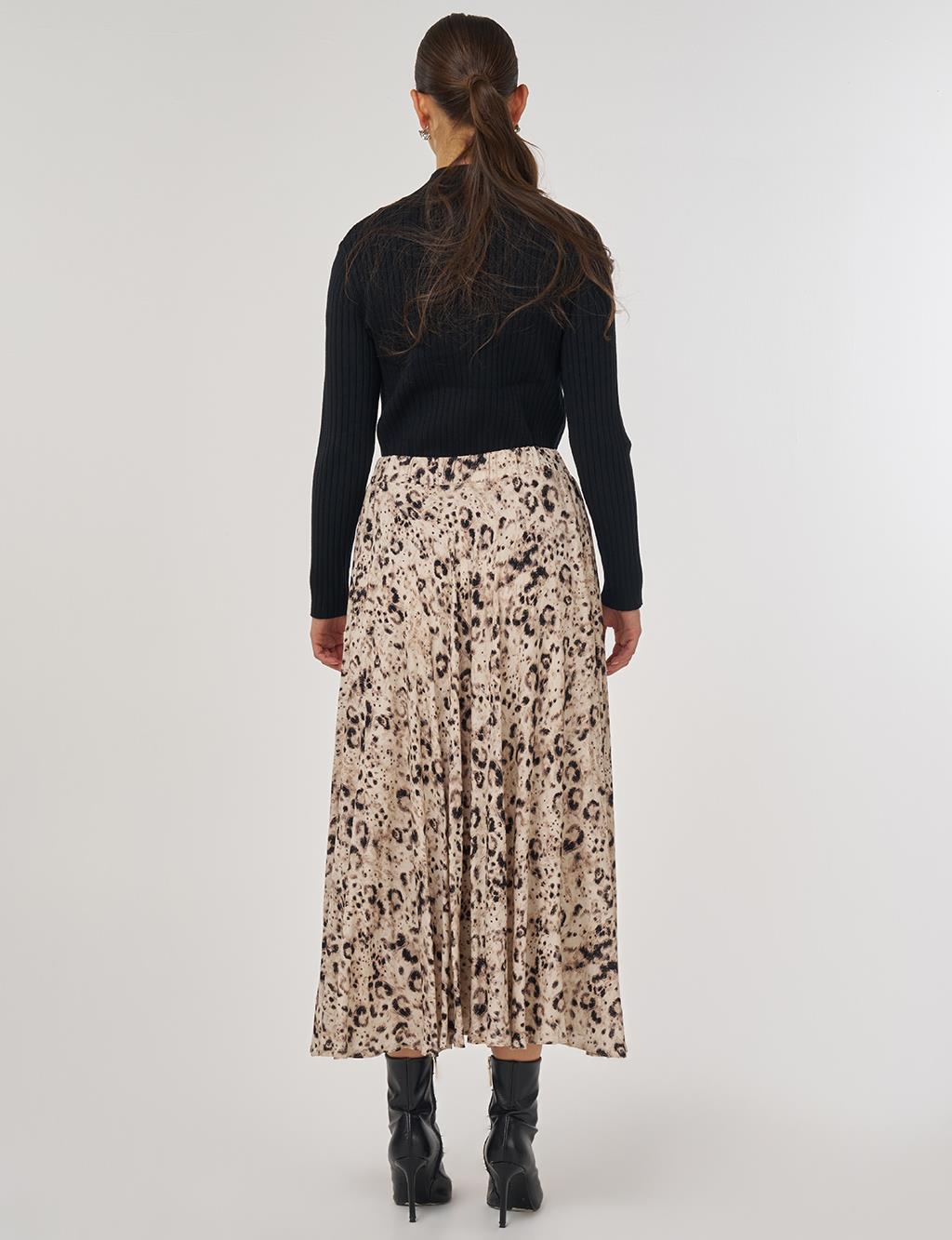 Leopar Desenli Piliseli Etek Krem
