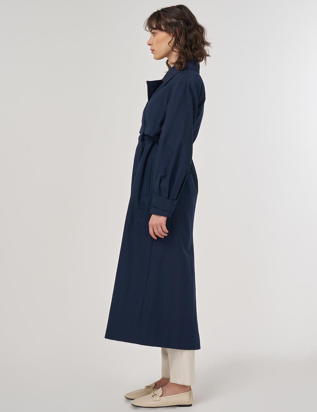 Long Belted Trench Coat in Dark Navy