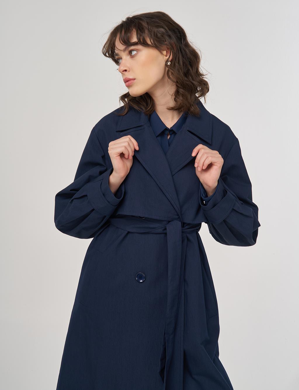 Long Belted Trench Coat in Dark Navy
