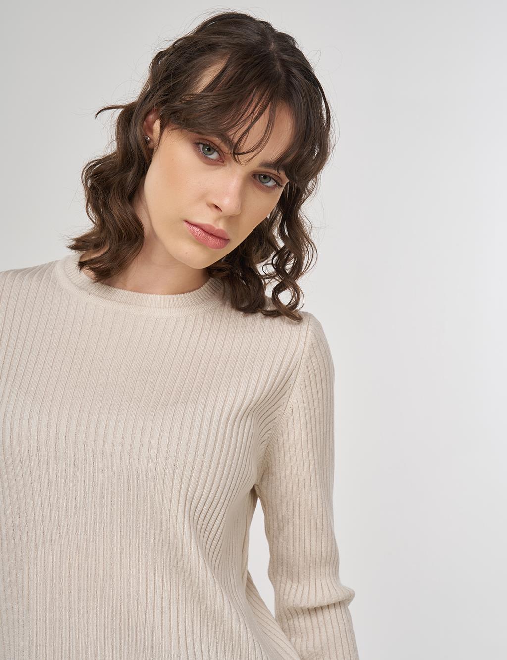 Crew-Neck Ribbed Knit Sweater in Ecru