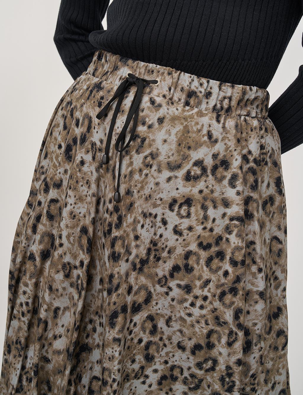 Leopar Desenli Piliseli Etek Haki