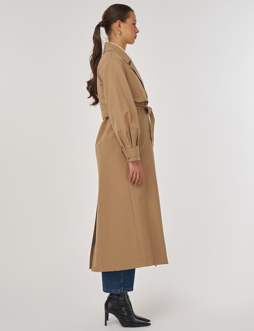 Long Belted Trench Coat in Beige