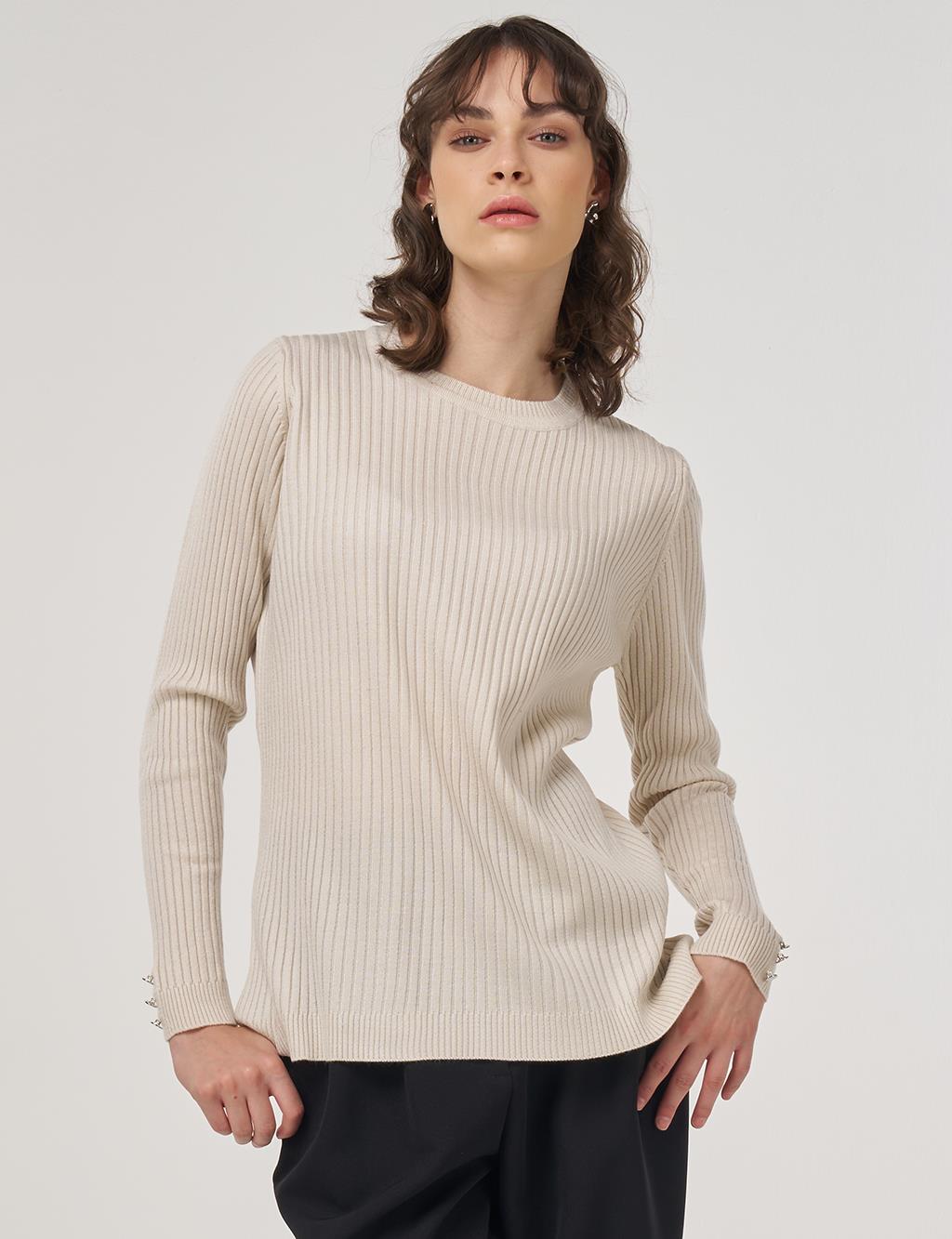 Crew-Neck Ribbed Knit Sweater in Ecru