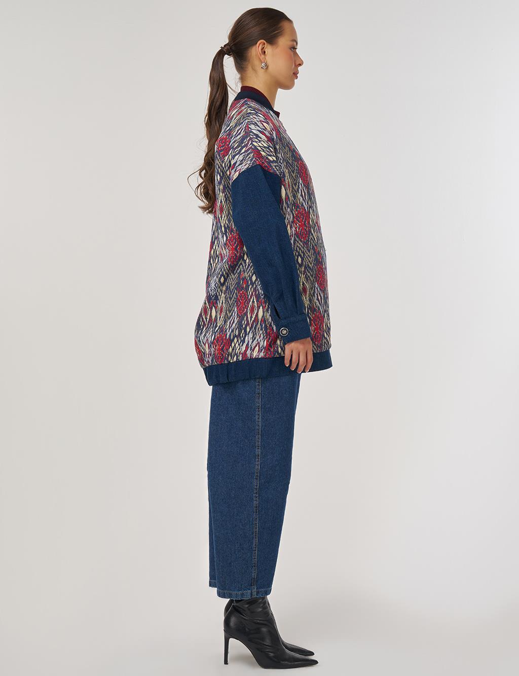 Collar Jacquard Jacket in Navy Blue