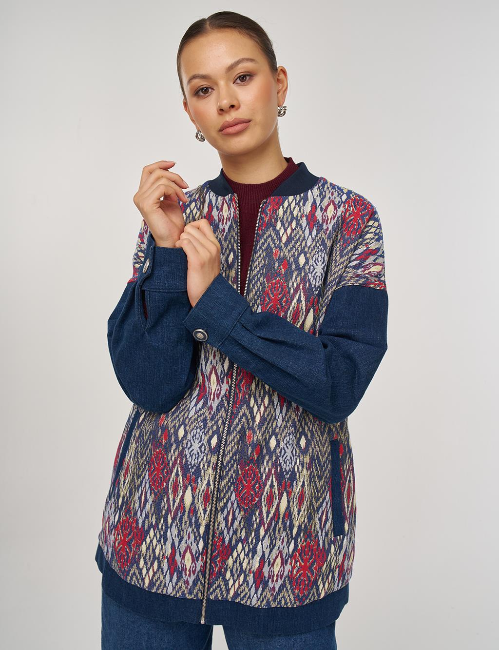 Collar Jacquard Jacket in Navy Blue