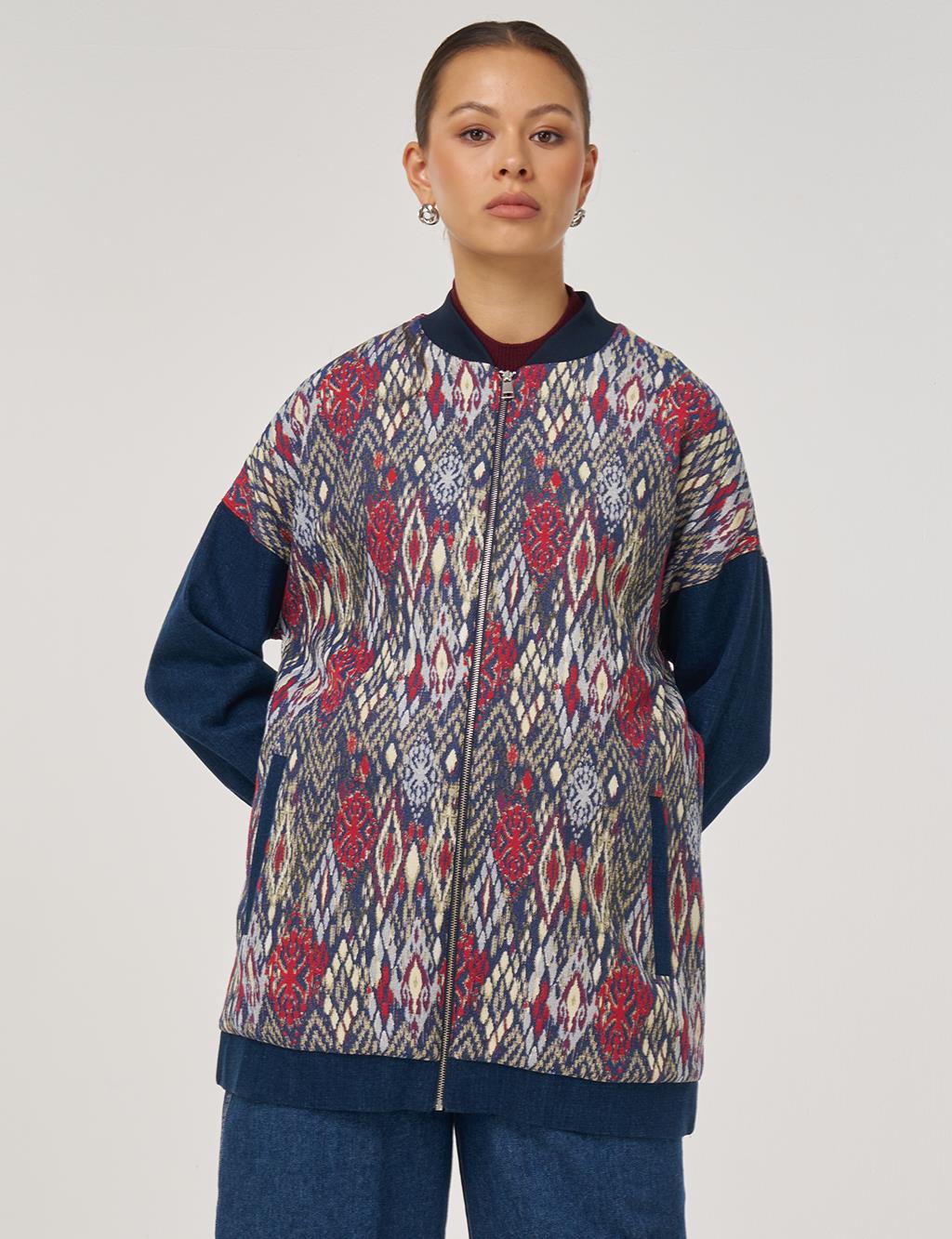 Collar Jacquard Jacket in Navy Blue