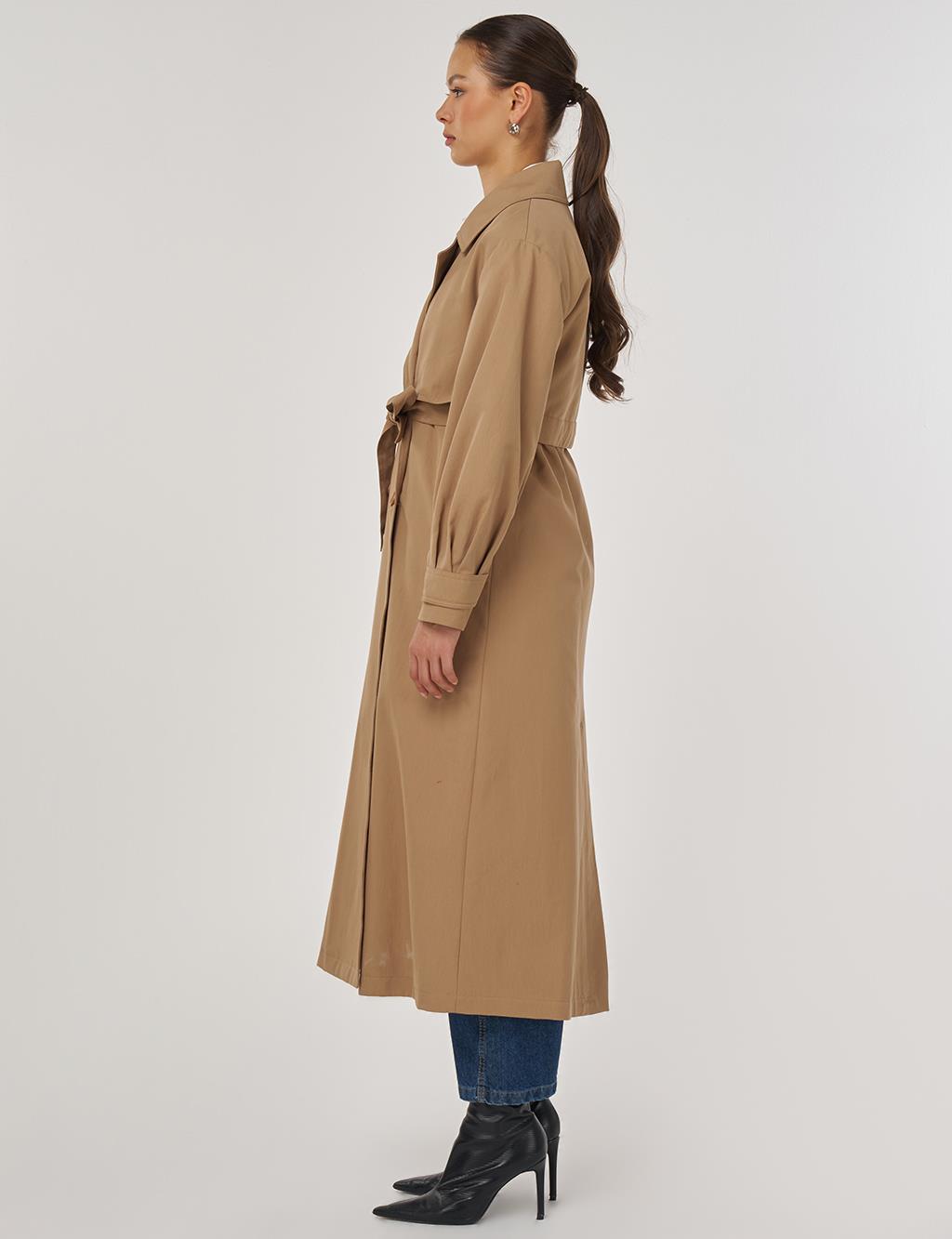 Long Belted Trench Coat in Beige