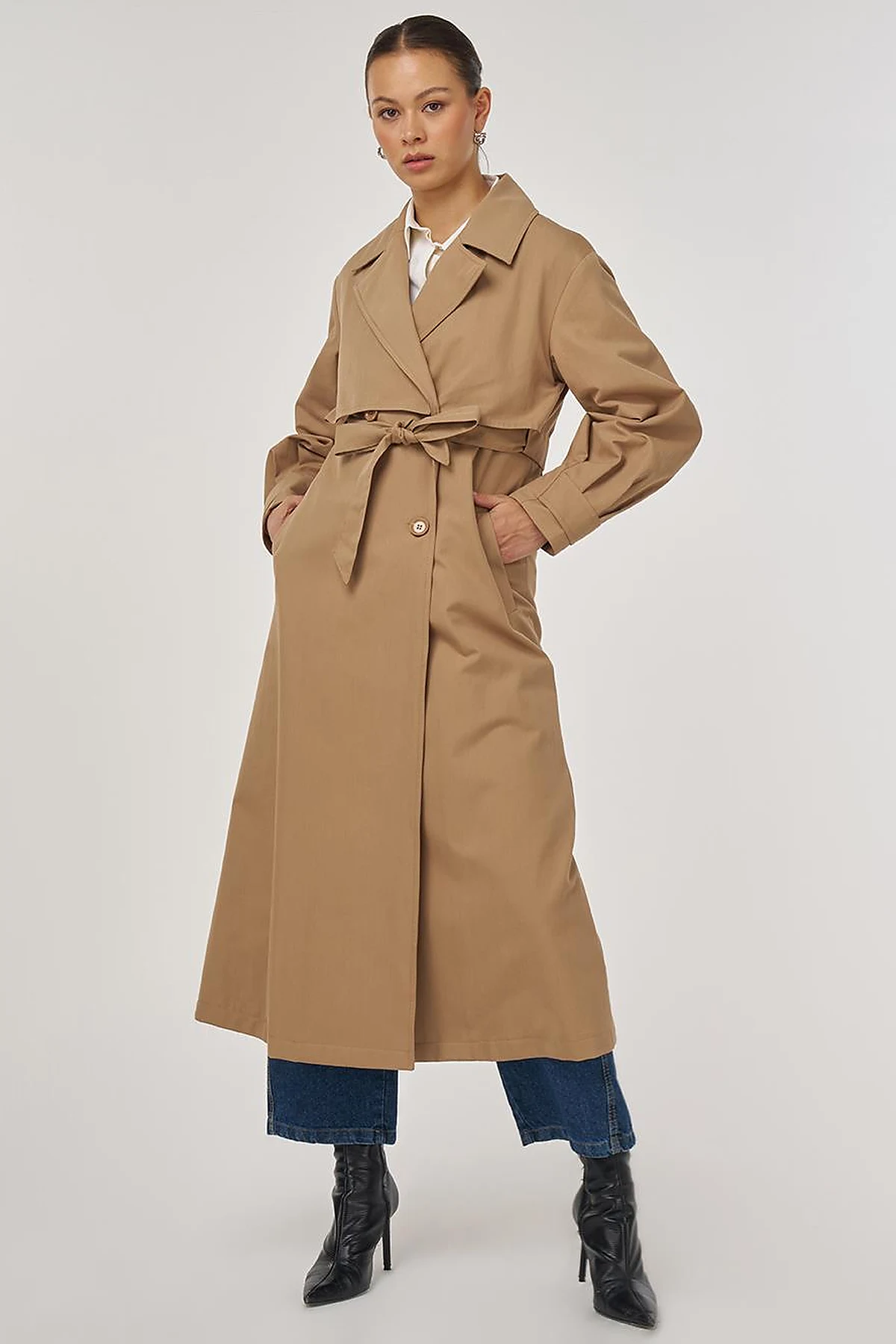 Belted Double-Breasted Long Trench Coat in Beige