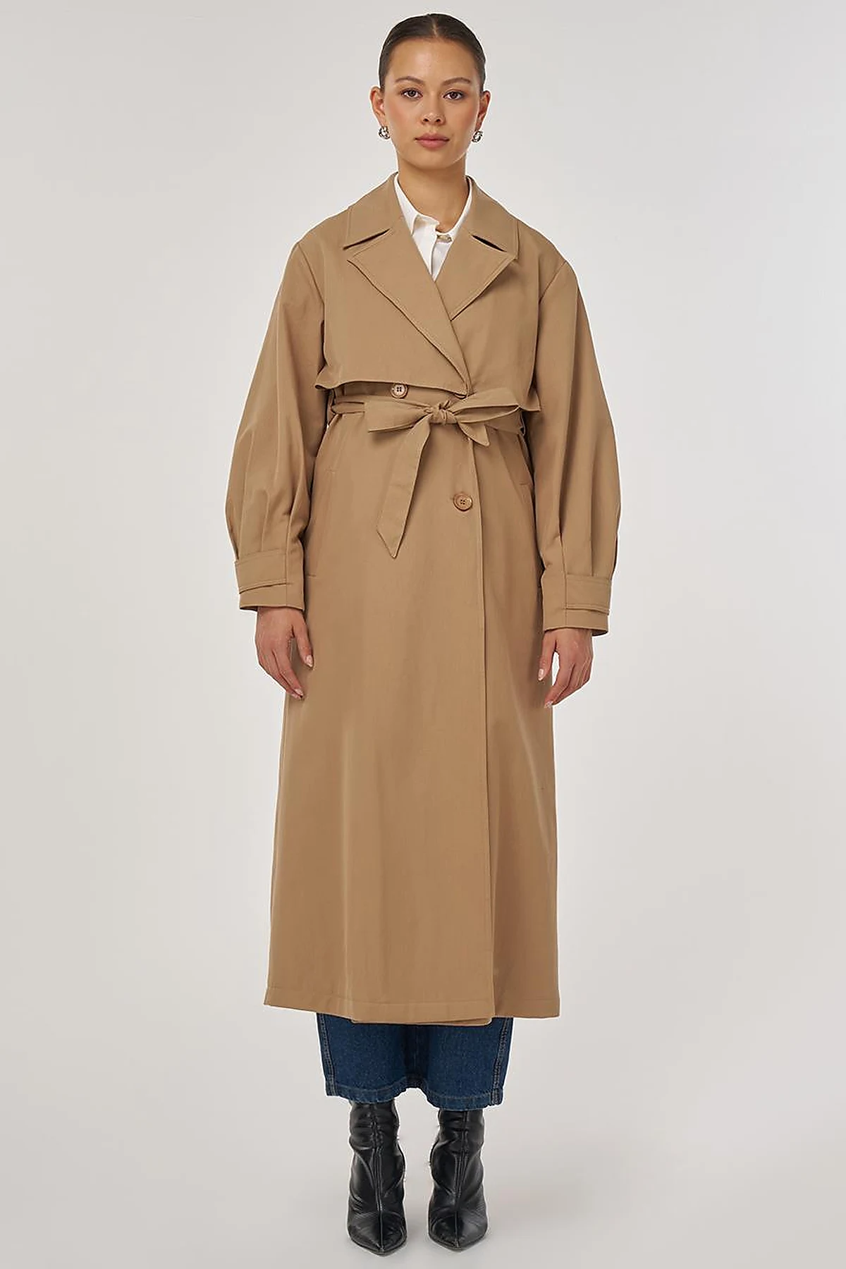 Belted Double-Breasted Long Trench Coat in Beige