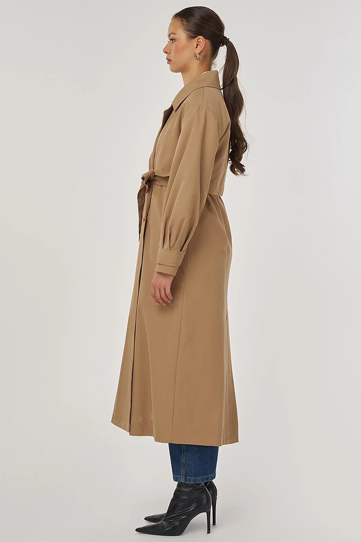 Belted Double-Breasted Long Trench Coat in Beige