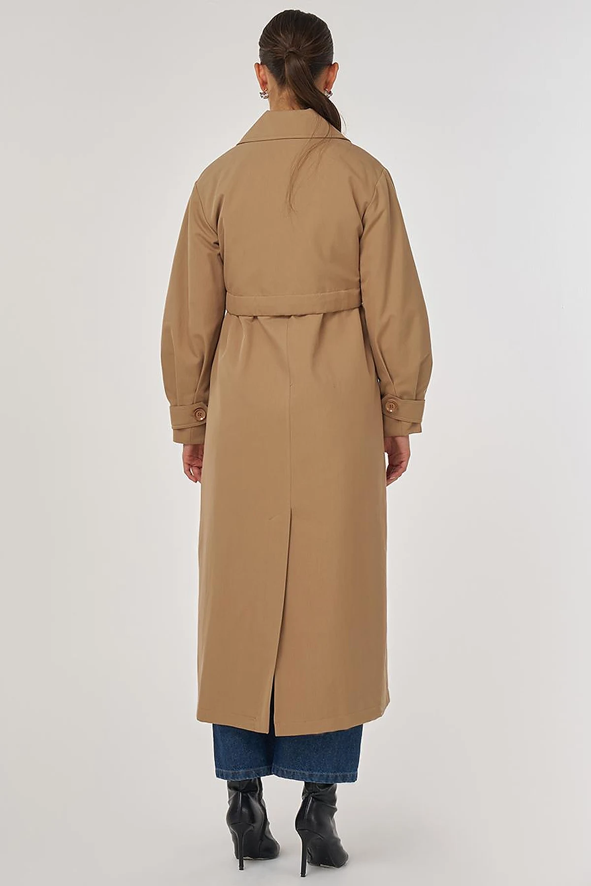 Belted Double-Breasted Long Trench Coat in Beige