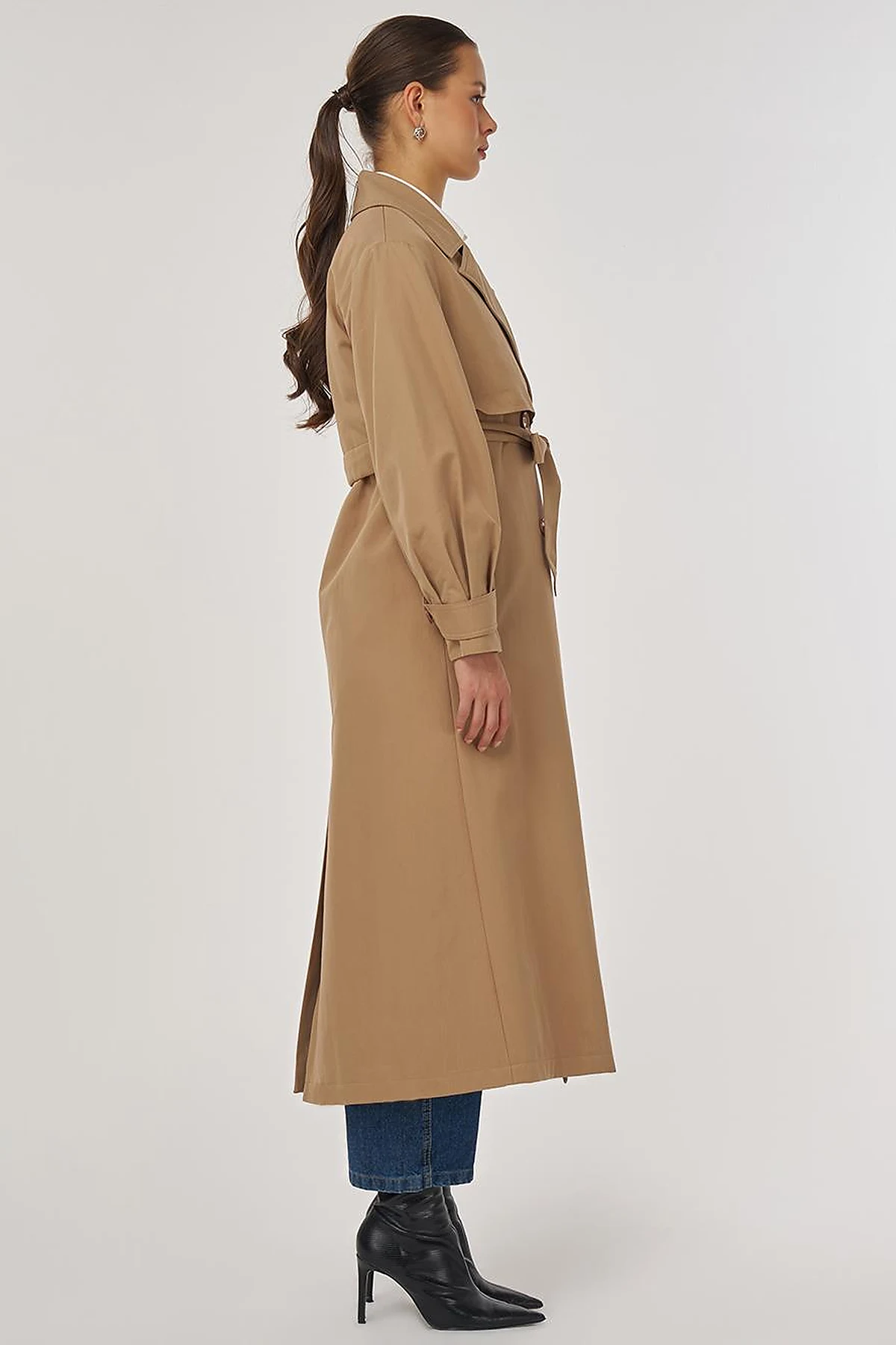 Belted Double-Breasted Long Trench Coat in Beige