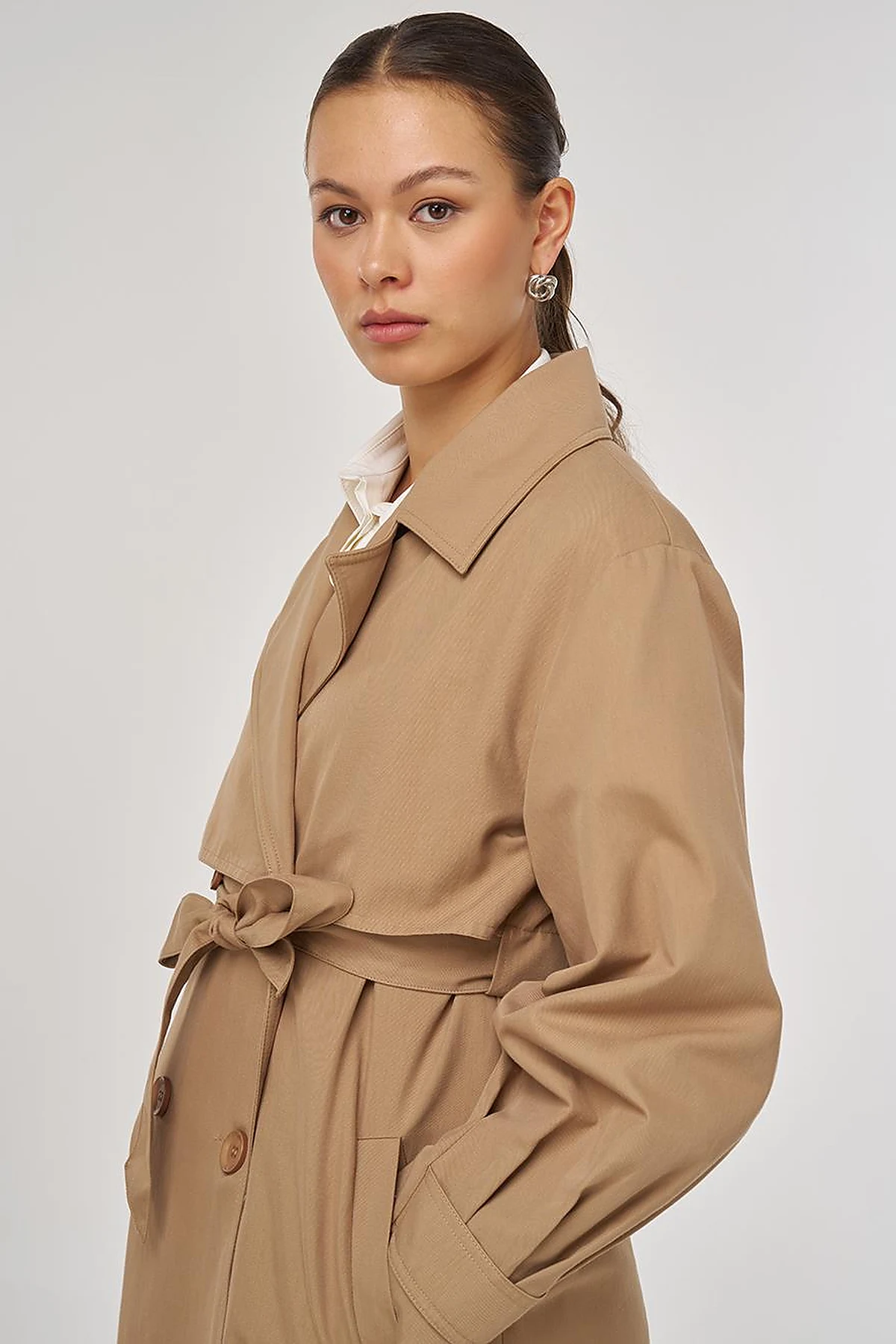 Belted Double-Breasted Long Trench Coat in Beige