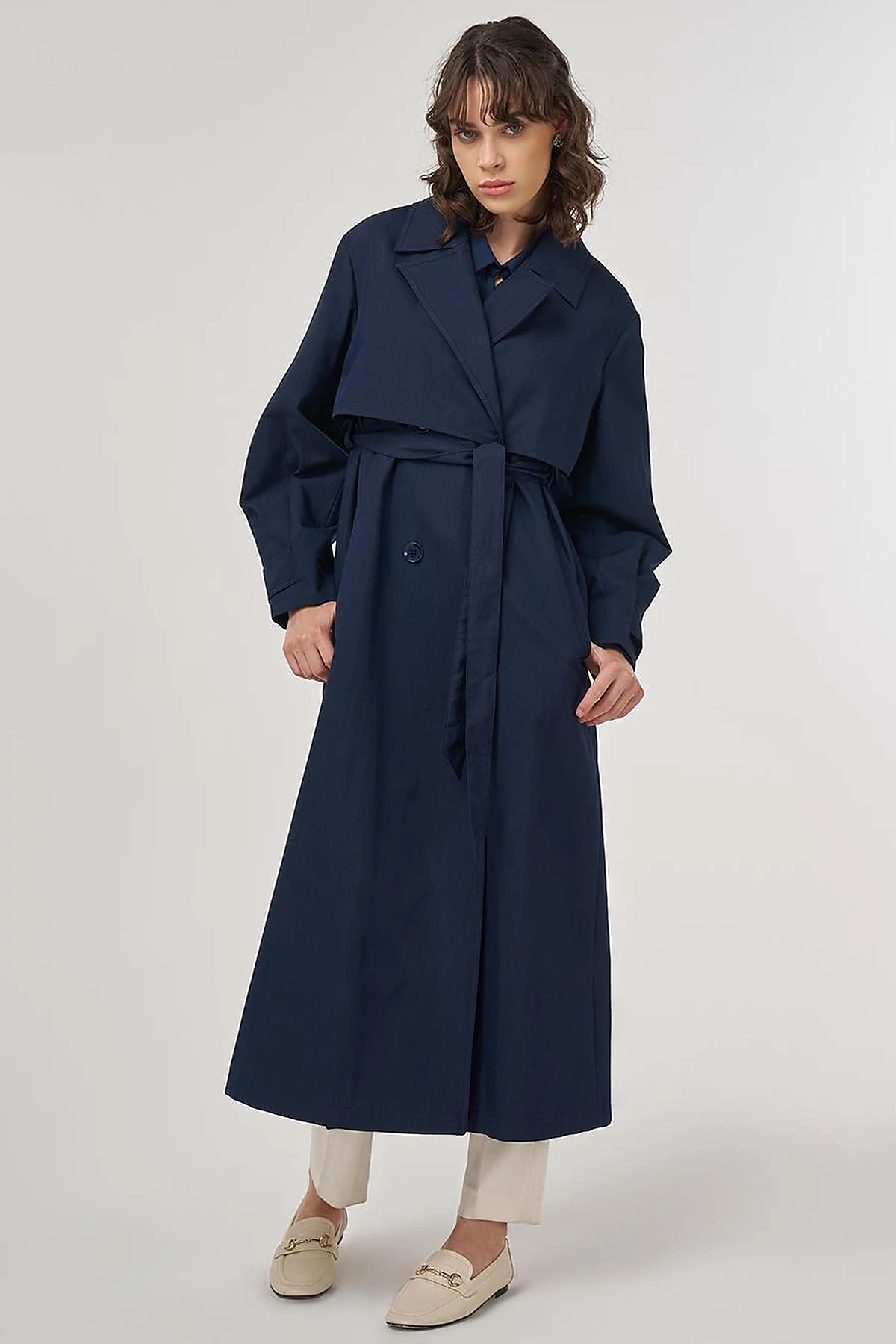 Belted Double-Breasted Long Trench Coat in Dark Navy
