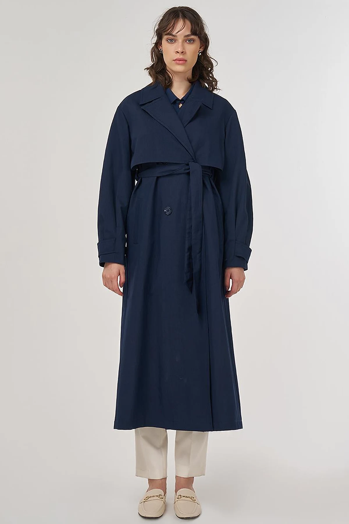 Belted Double-Breasted Long Trench Coat in Dark Navy