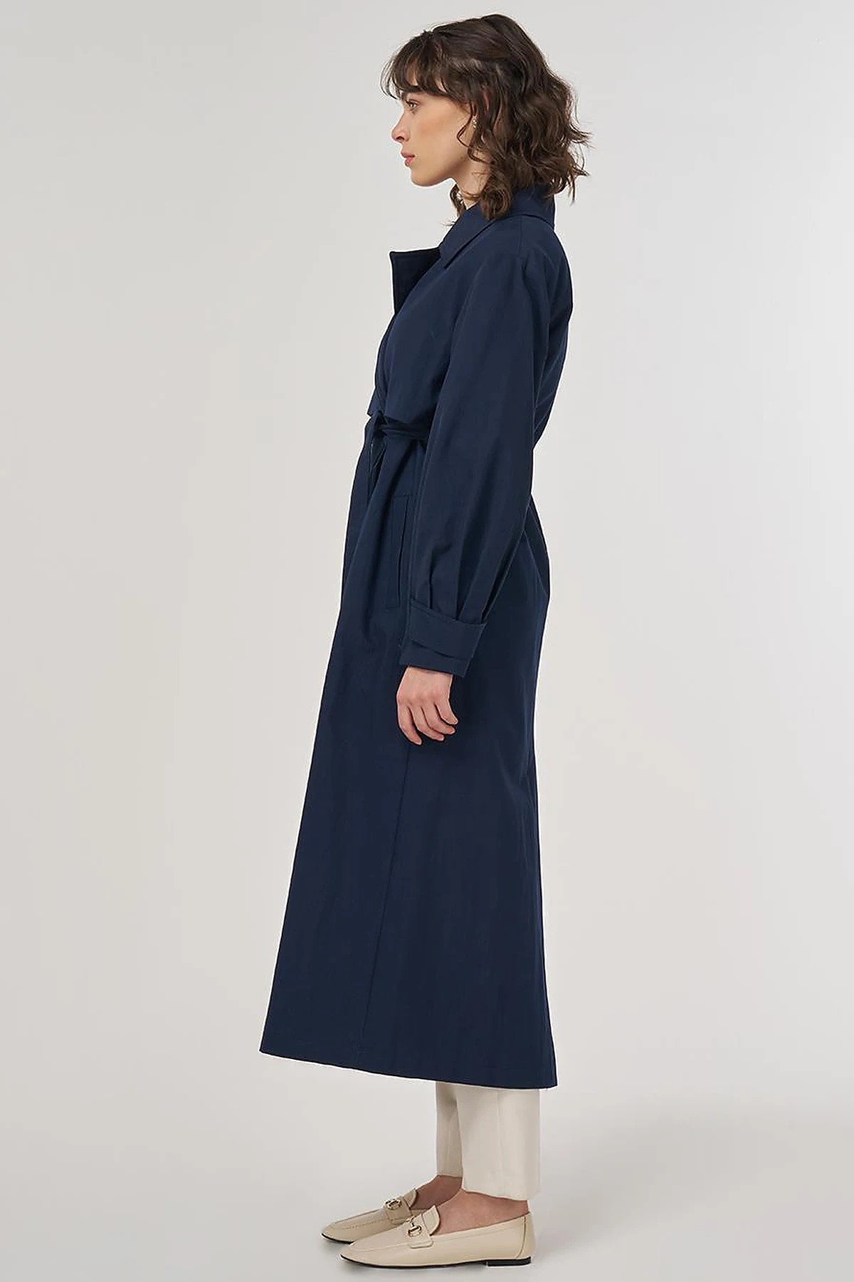 Belted Double-Breasted Long Trench Coat in Dark Navy